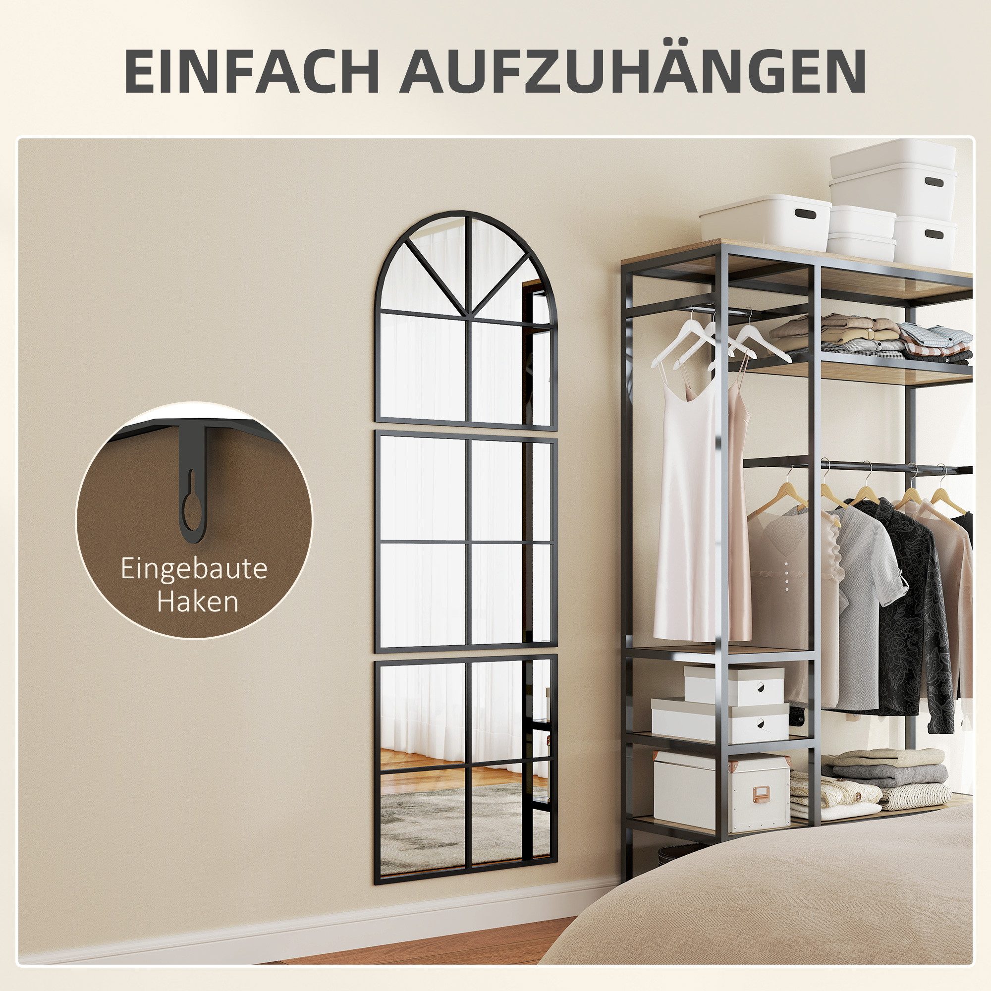 HOMCOM Wandspiegel mit Metallrahmen (bogenförmiger Spiegel, 1-St., dreiteilig Hängespiegel), für Wohnzimmer, Schlafzimmer, Flur, Schwarz – Bild 5 von 5