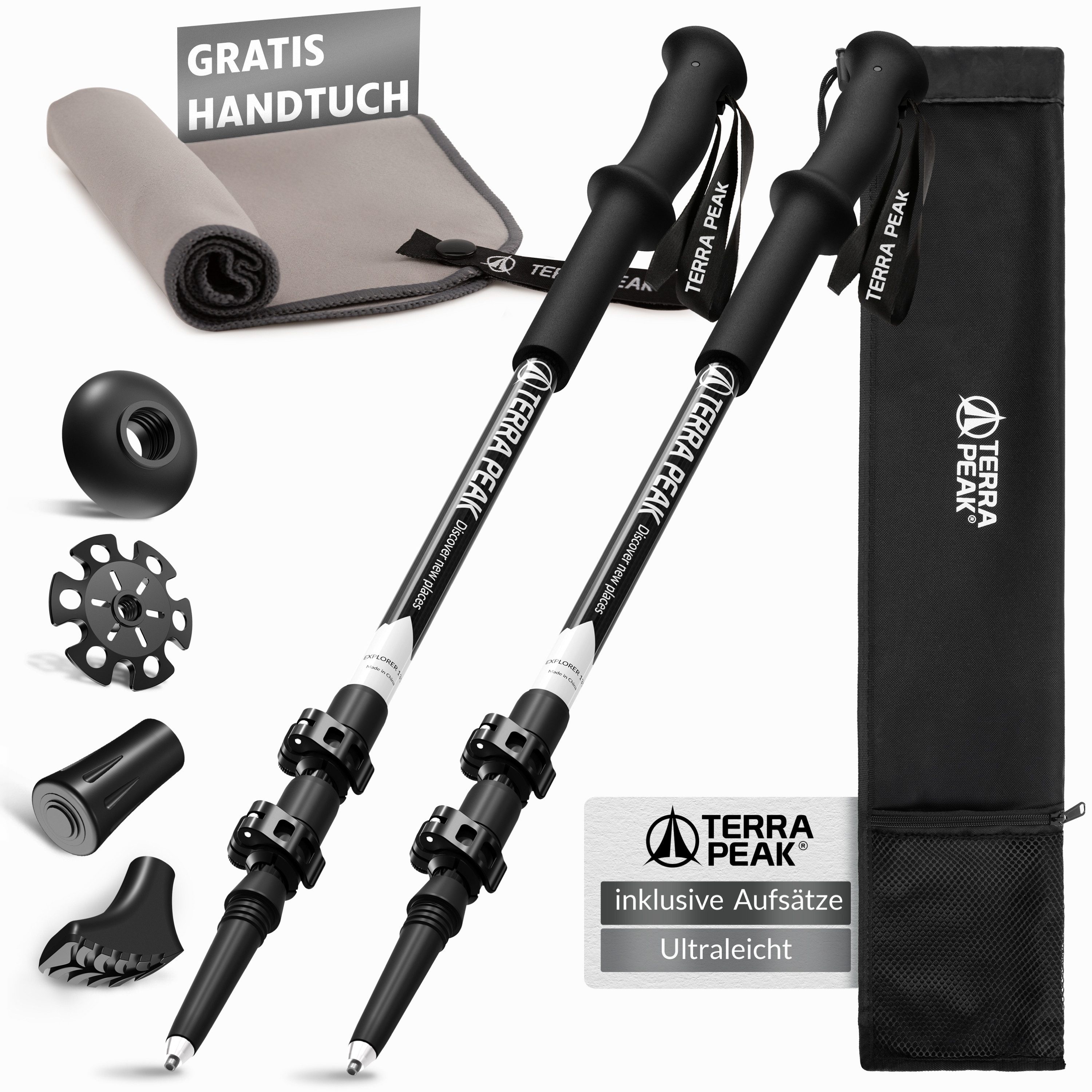 Terra Peak Wanderstöcke Explorer Pro 135 (inklusive Mikrofaserhandtuch und 4 zusätzliche Aufsätze), Ergonomische EVA-Griffe