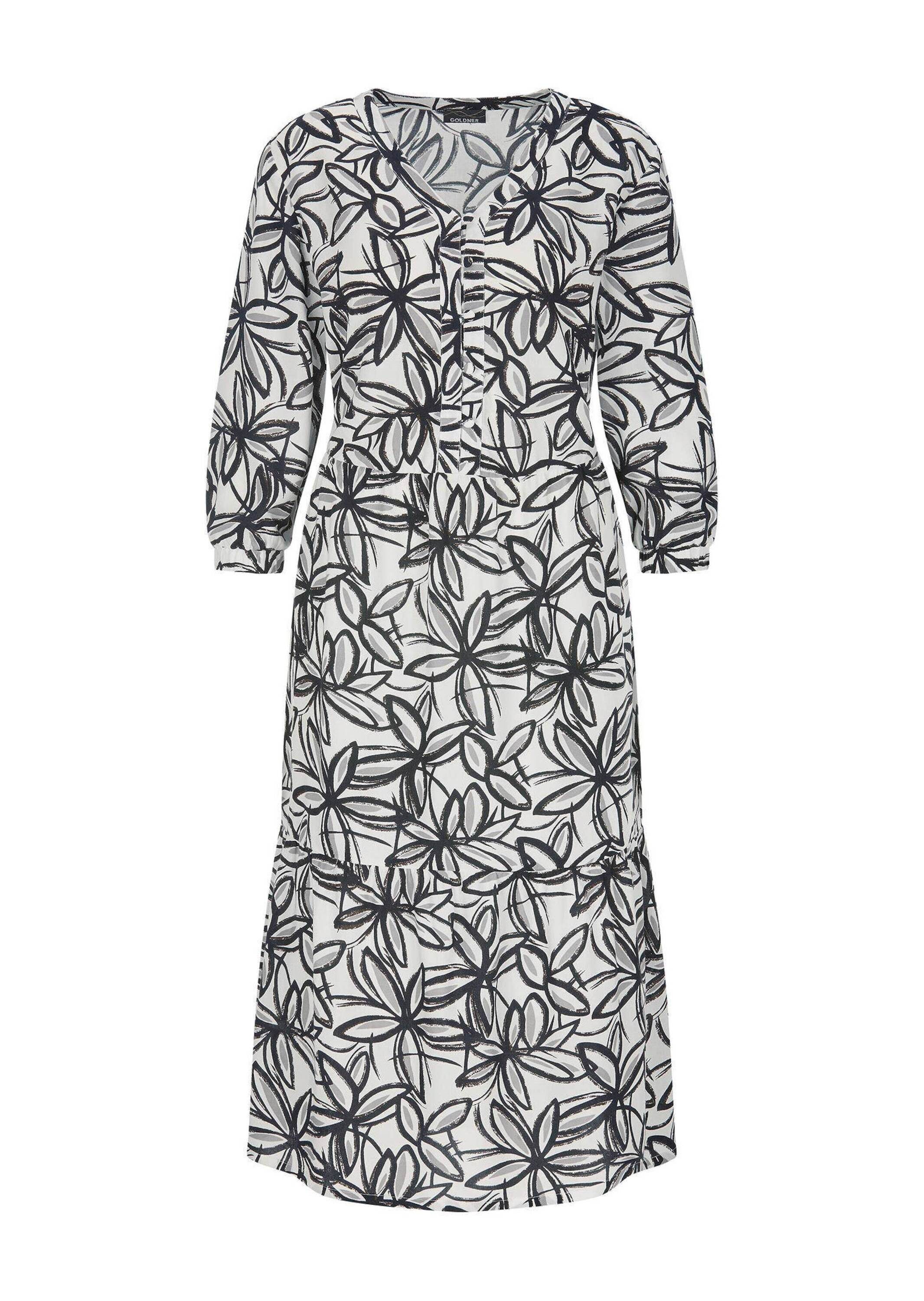 GOLDNER Druckkleid Kurzgröße: Viskosekleid mit floralem Muster Midikleid mit V-Ausschnitt, Knopfleiste, Knielänge und 3/4-Arm