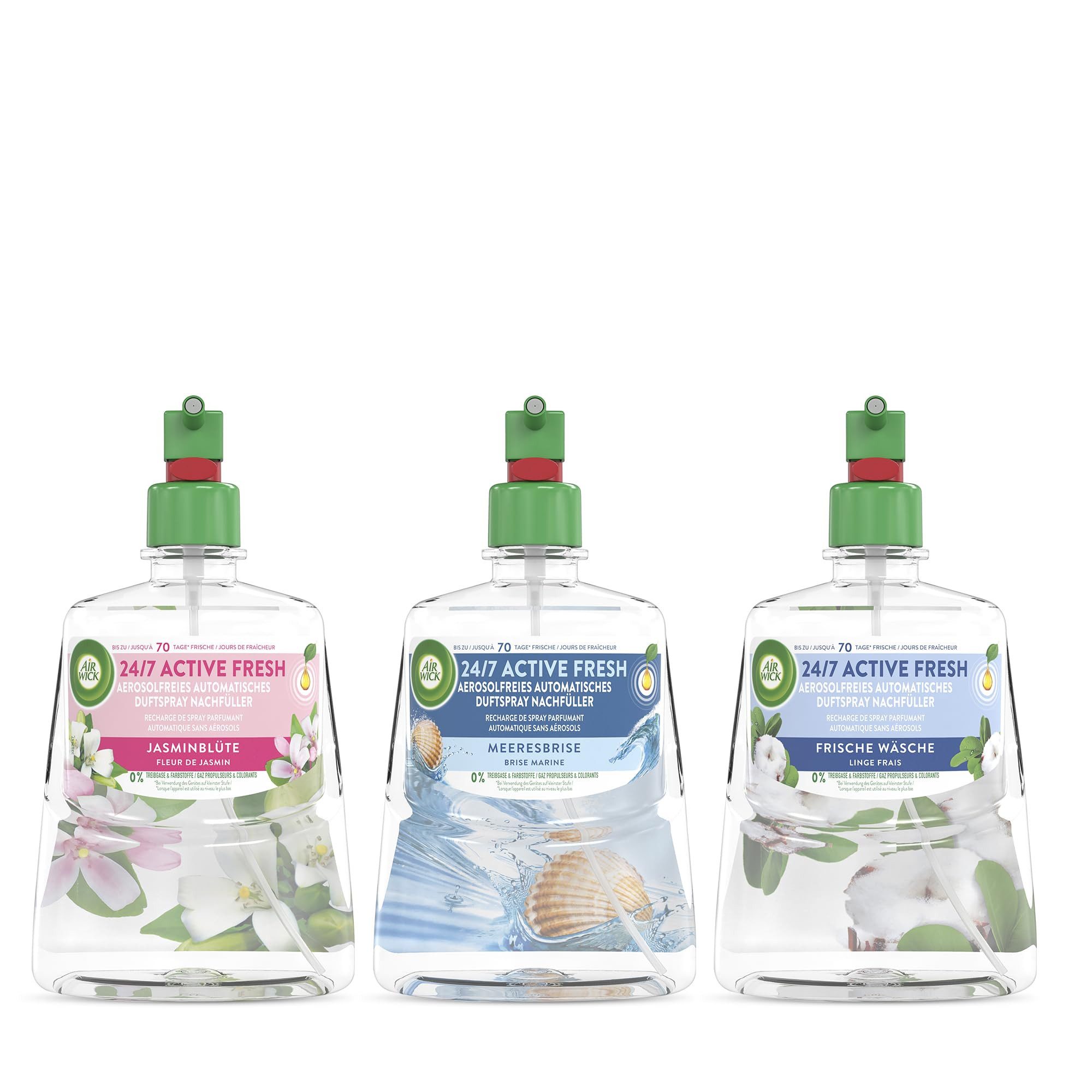 Air Wick Raumduft-Nachfüllflasche Active Fresh Nachfüller Mix-Set 3 x 228ml (Probierpaket, 3-St), Frische Wäsche, Jasminblüte, Meeresbrise