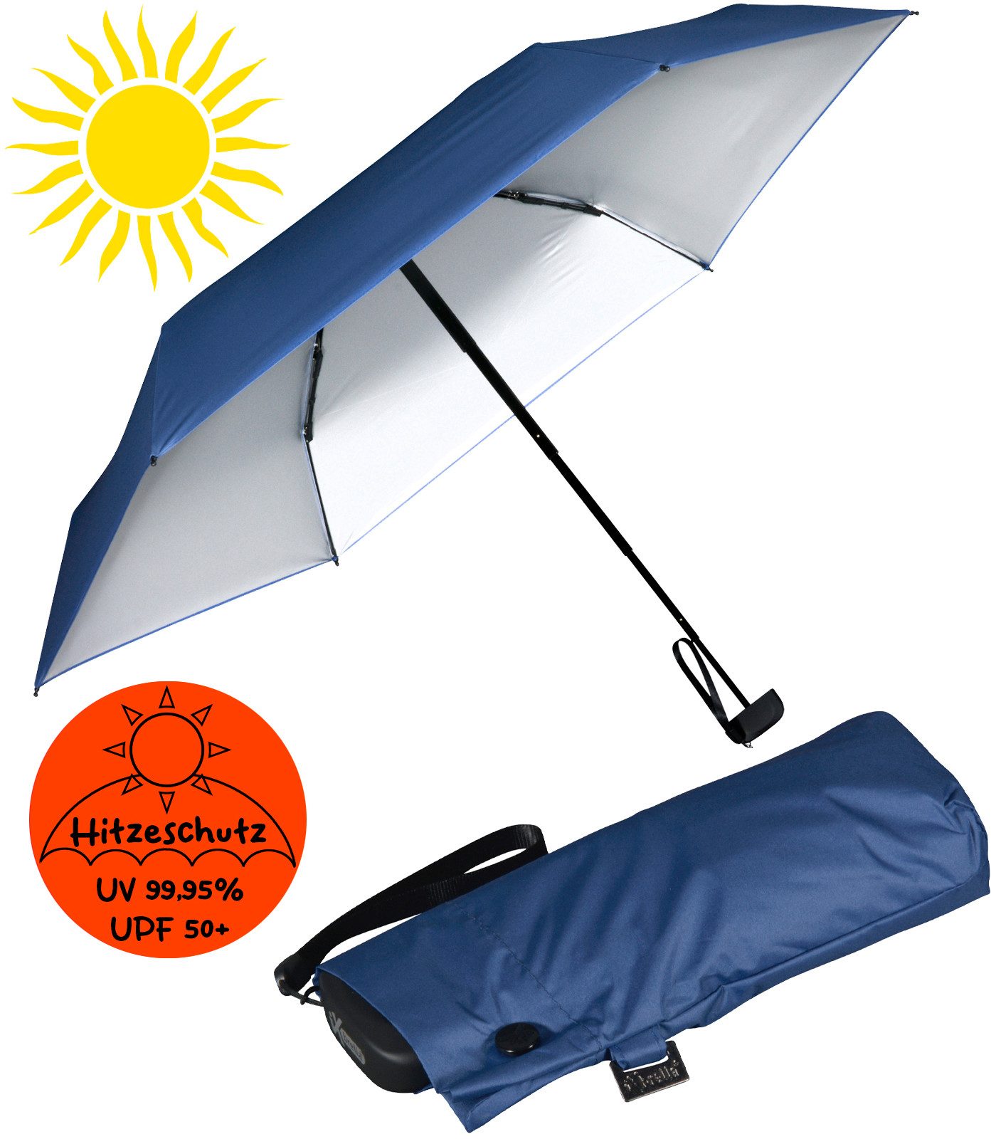 iX-brella Taschenregenschirm Sonnen-Regenschirm mit UPF 50+, UV-Hitze-Schutz, winzig klein, mit Handöffner, innen silber