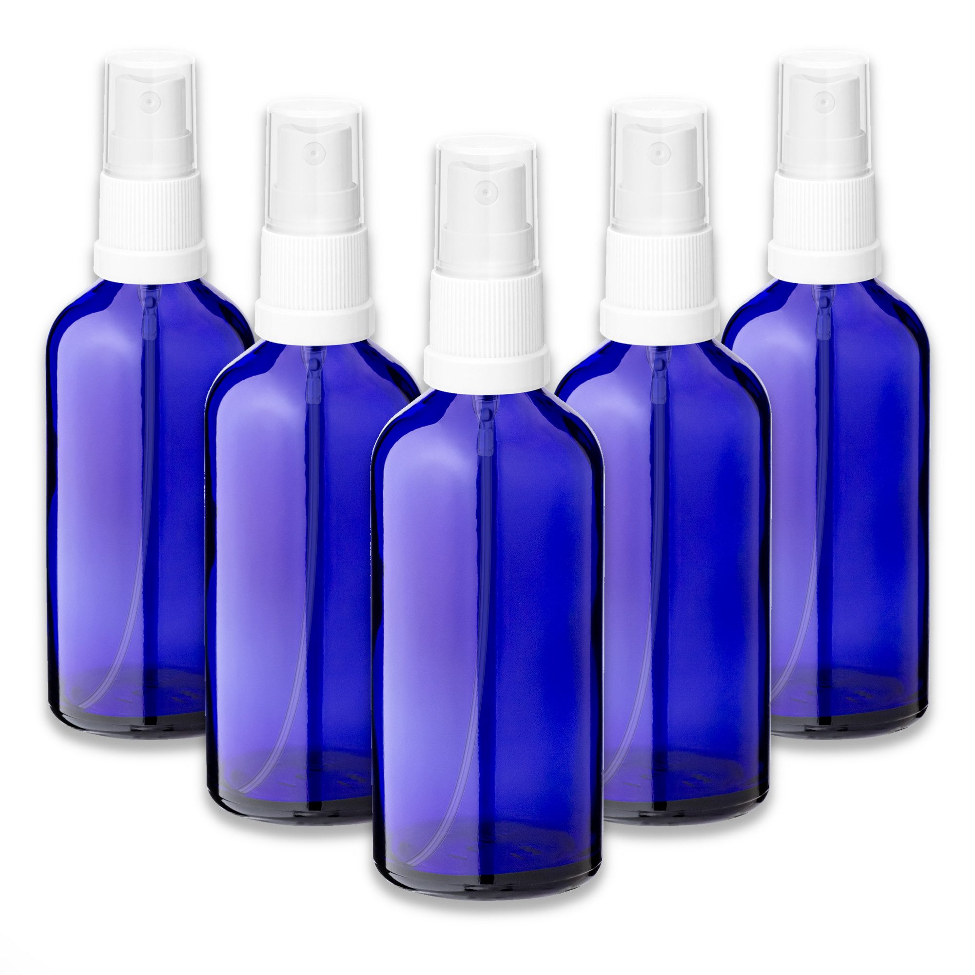 CK Verpackung GmbH Pipettenflasche 5x Blaue Glasflasche 100 ml mit weißem Zerstäuber Sprükopf Pumpspray