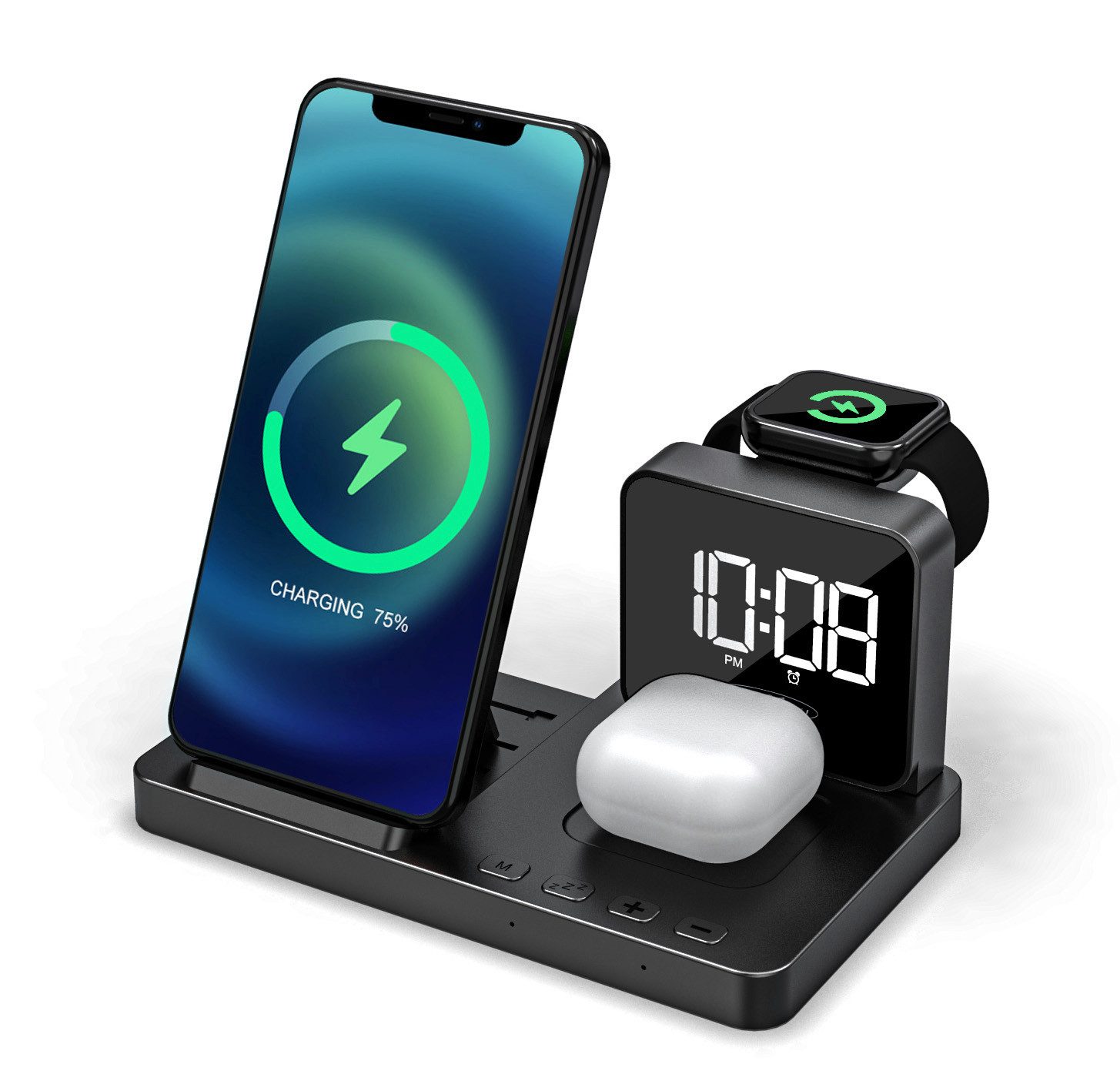Reflexion ACW2190 Ladestation für Smartphone, Smartwatch (Apple) + Kopfhörer Wireless Charger (4 in 1 Wireless Charger mit Wecker)