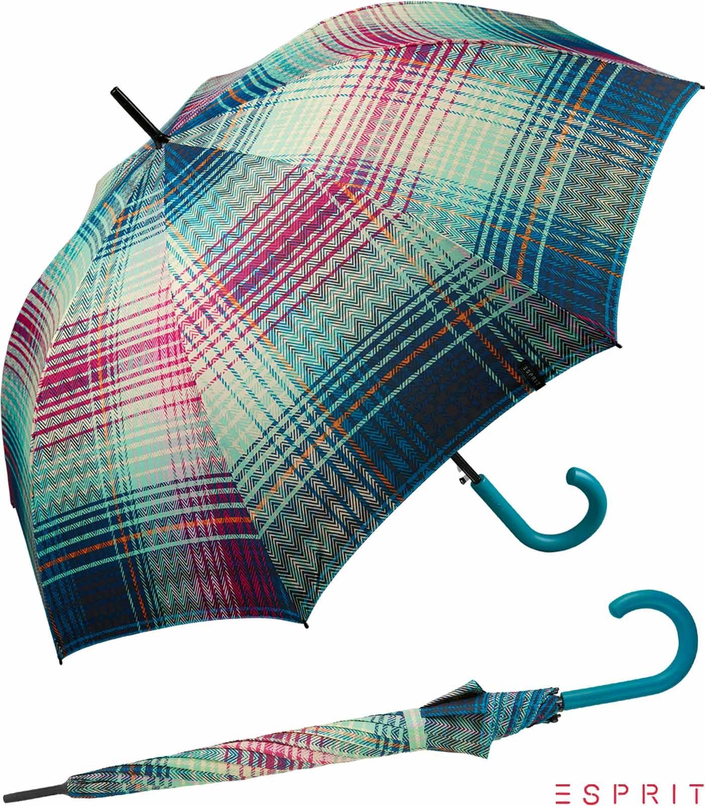 Esprit Langregenschirm Damen mit Auf-Automatik - Cosy Checks - ocean depths, groß, stabil, in bunter Karo-Optik türkis-bunt