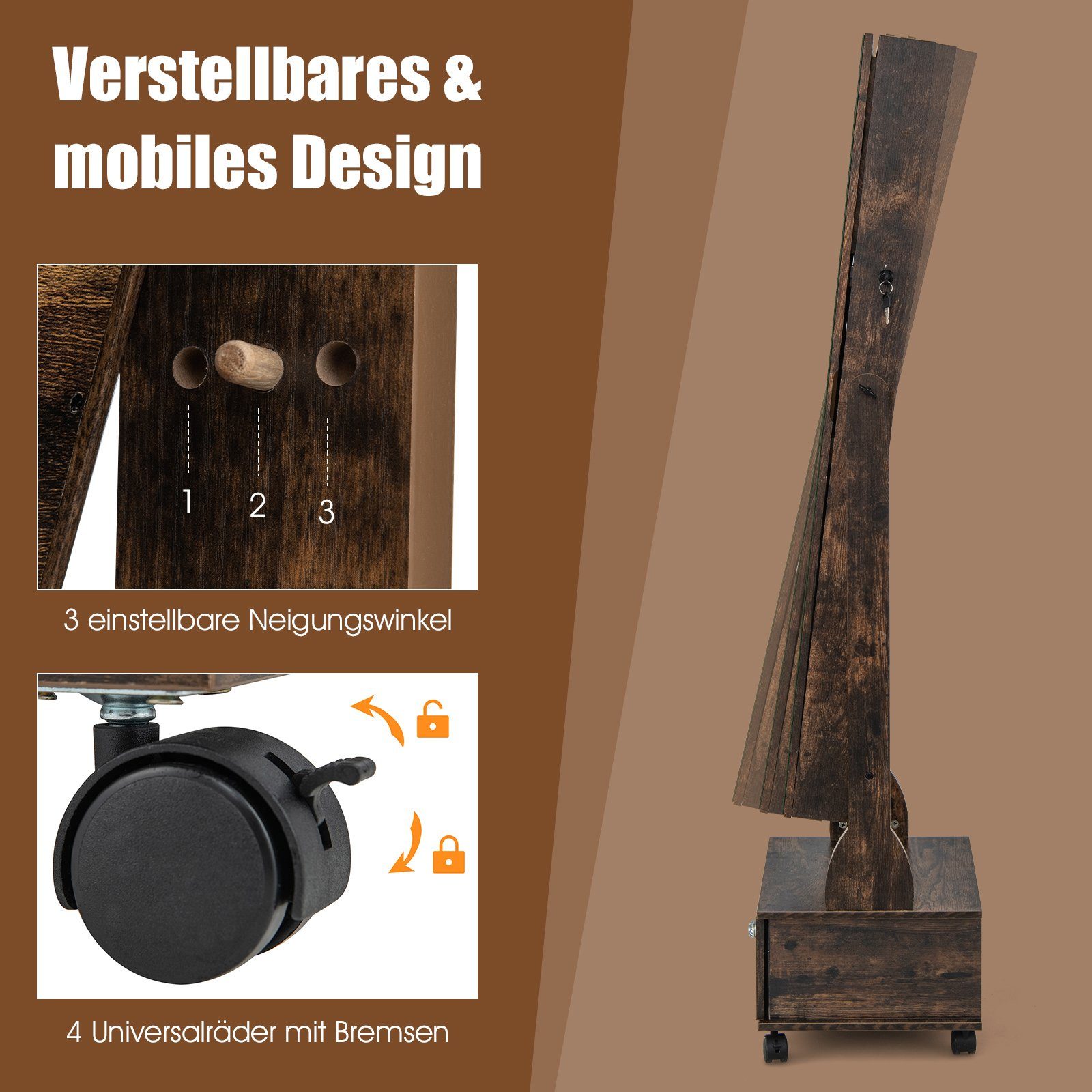 COSTWAY Schmuckschrank mit Spiegel, LED, Schubladen & Rollen, verstellbar