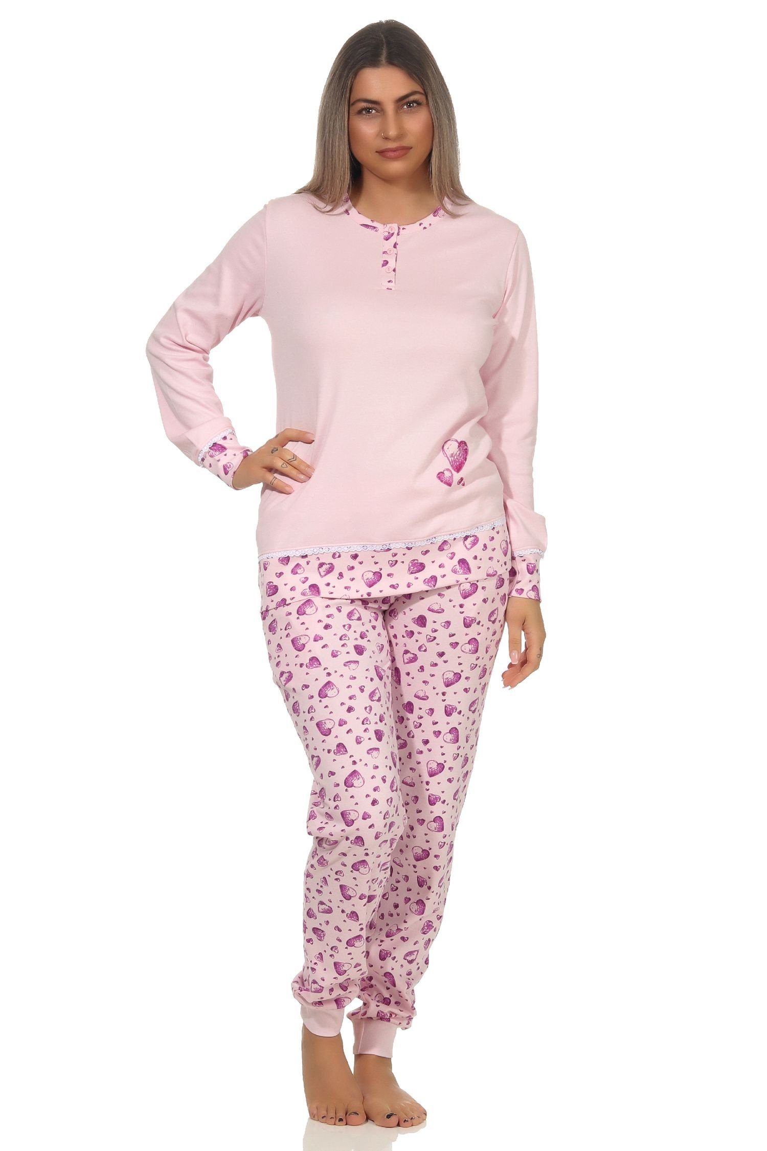 Normann Pyjama Damen Pyjama mit Bündchen und Herz Motiven in Kuschel Interlock rosa