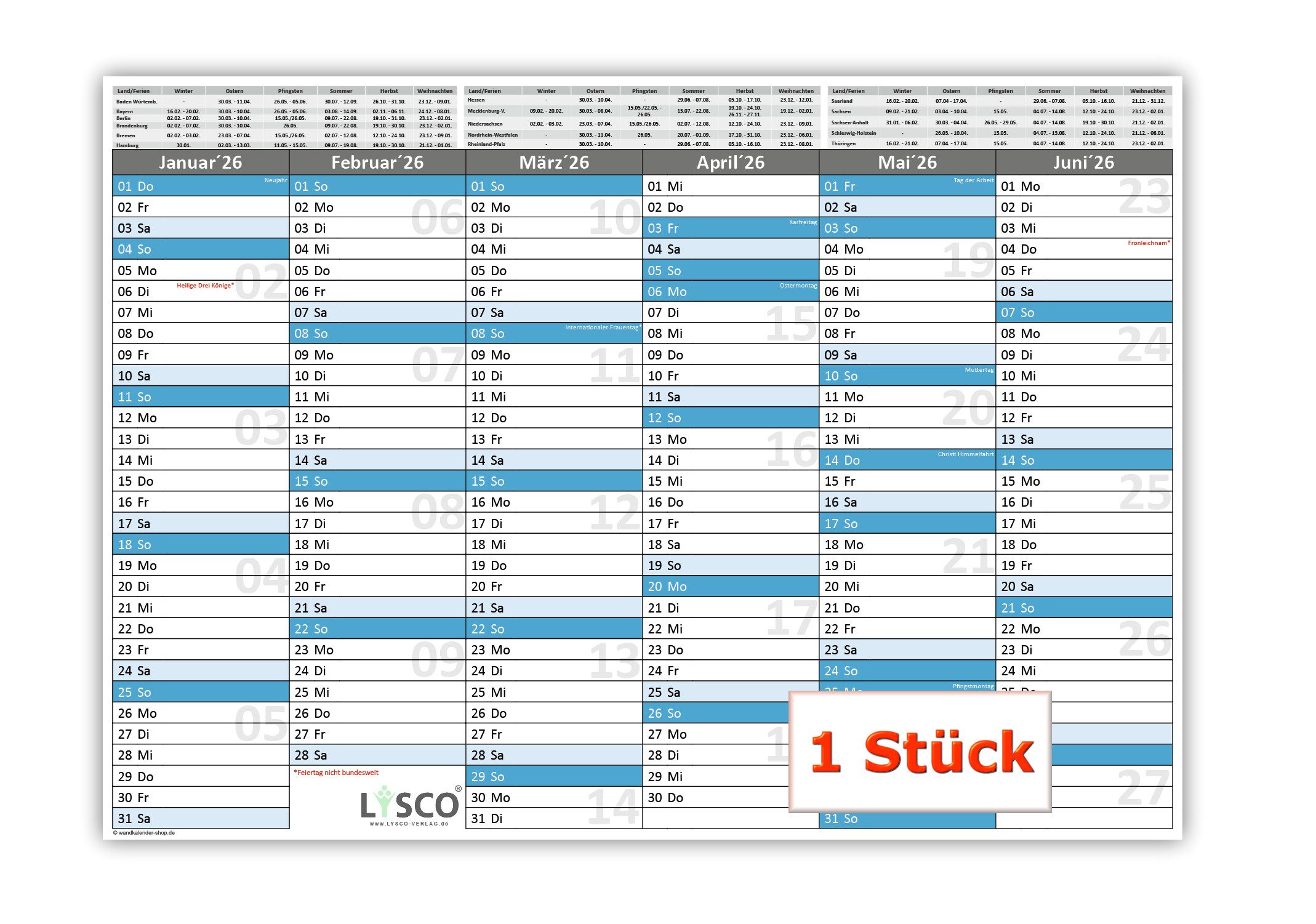 LYSCO Tischkalender Tafelkalender 2026 - DIN A3 / A4 / A5 300g Papier, Tafelkalender für das Jahr 2026 in verschiedenen Stückzahlen und Formaten, sehr gut beschreibbar
