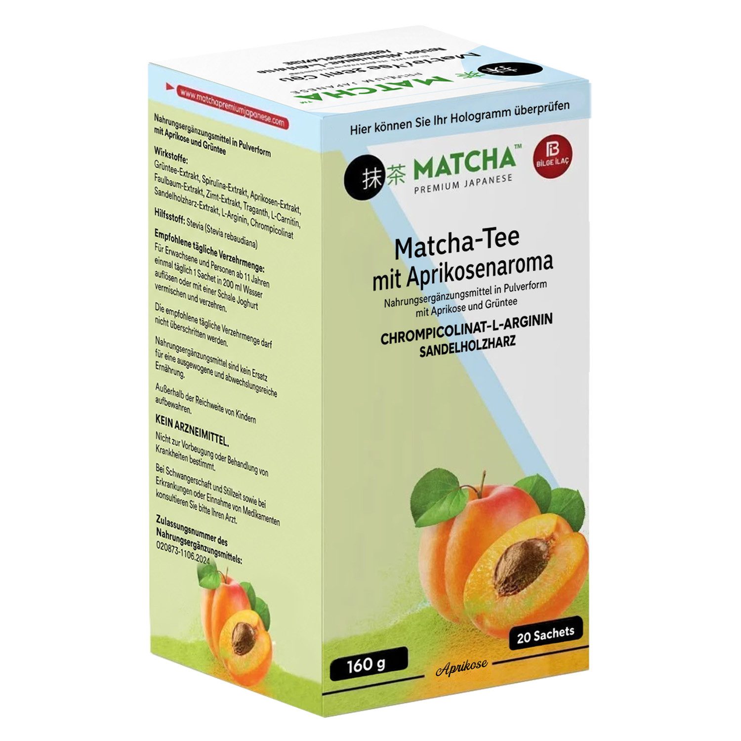 Bilge İlaç Tee Matcha Premium Japanese – Matcha Tee mit Aprikose, Grüntee & Spirulina, 160 g, Matcha-Tee mit Aprikosengeschmack 20x8g
