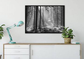Pixxprint Leinwandbild Häuschen im Wald, Wanddekoration (1 St), Leinwandbild fertig bespannt, in einem Schattenfugen-Bilderrahmen gefasst, inkl. Zackenaufhänger