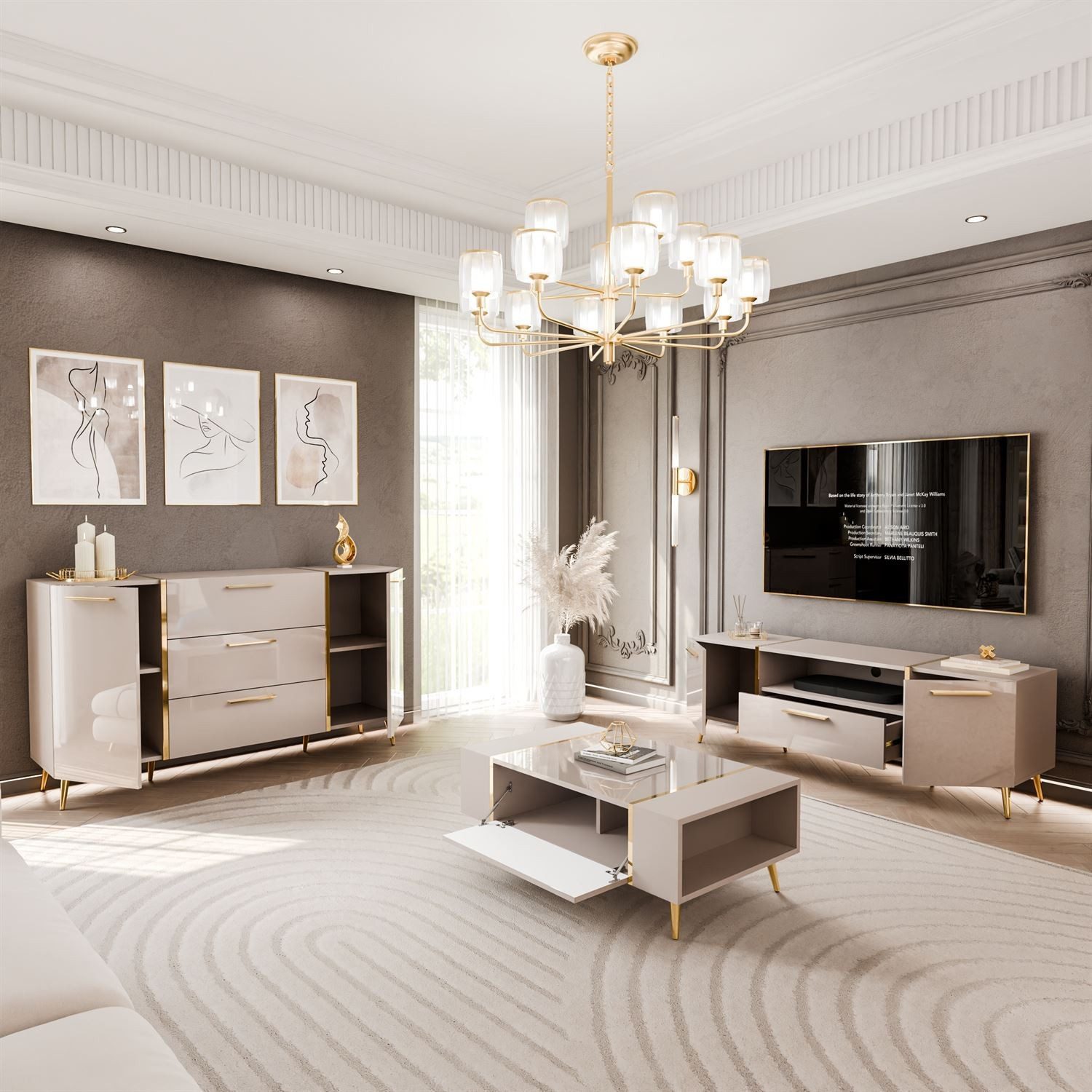 ALLHOUSE24 Wohnzimmer-Set DIAMANT Kaschmir Hochglanz GOLD Metallfüßen Wohnz günstig online kaufen