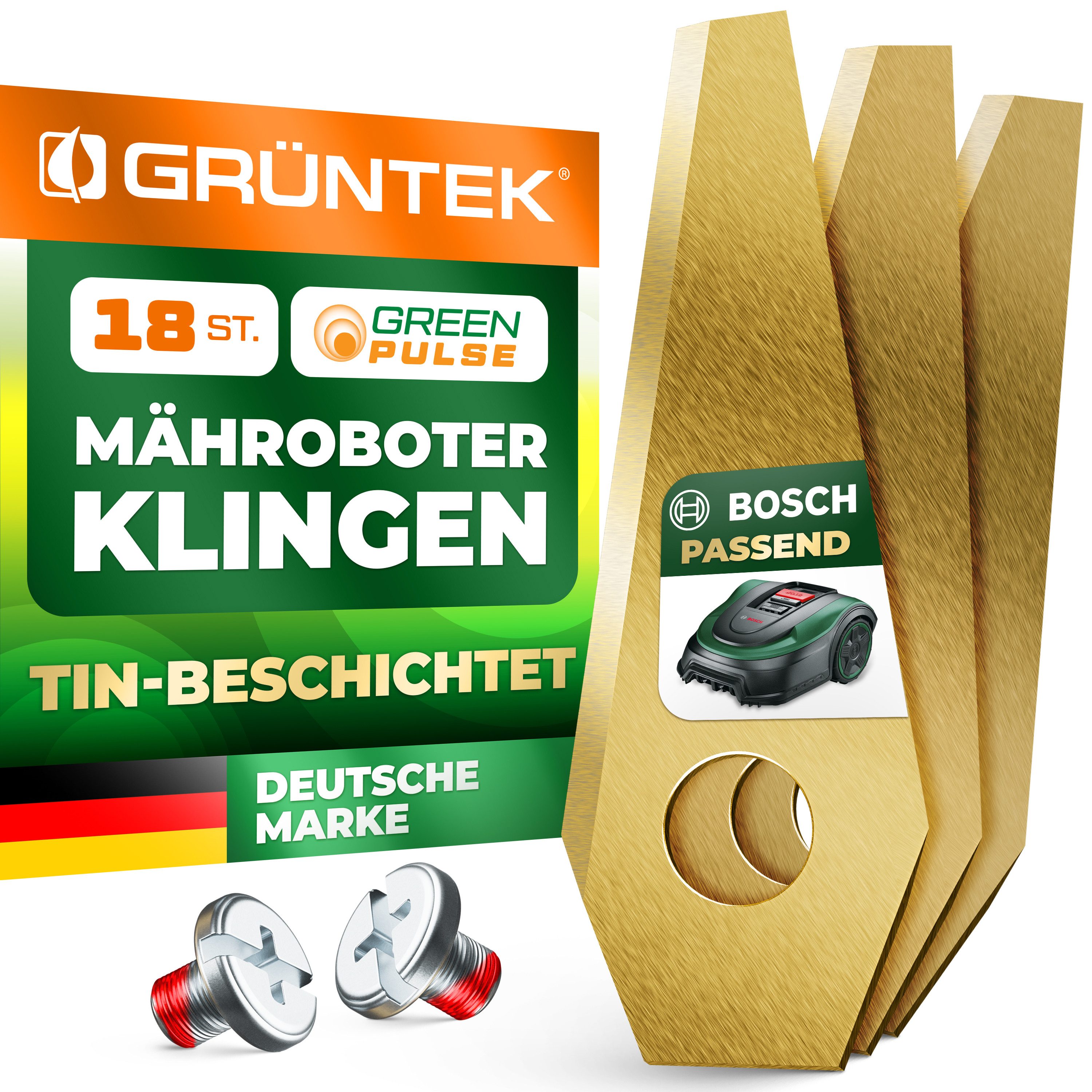 GRÜNTEK Лезвие газонокосилки GRÜNTEK Mähroboter Ersatz-Klingen Set 18-tlg, kompatibel mit BOSCH (18-St), Edelstahl TiN Beschichtet, hochpräzise langlebige Запасной нож