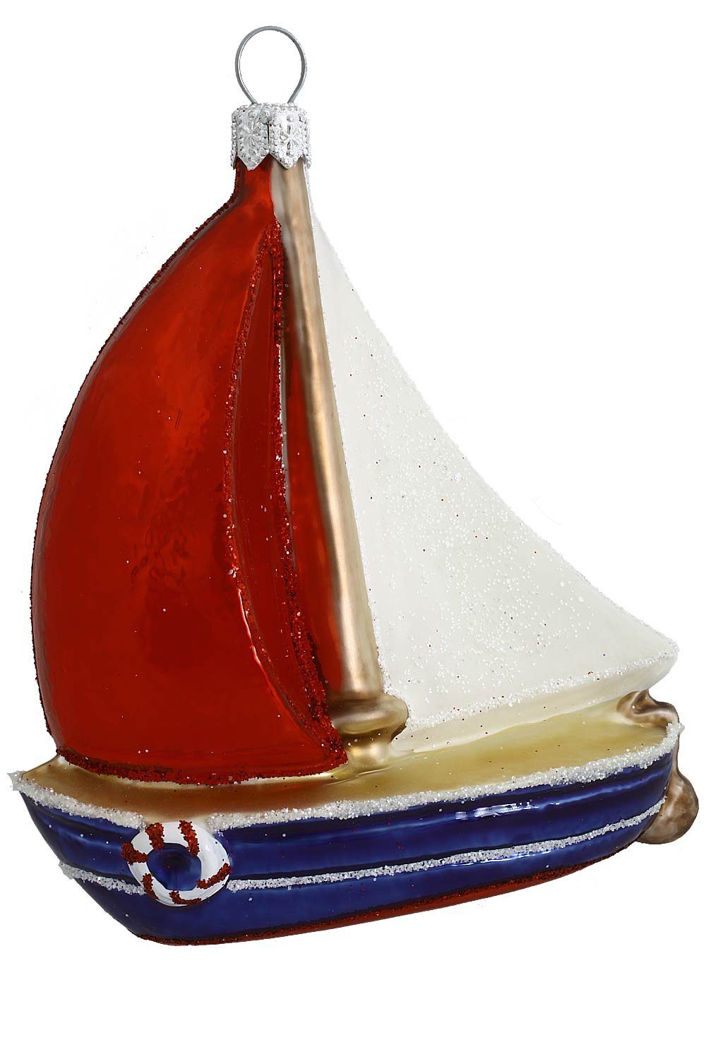 Hamburger Weihnachtskontor Christbaumschmuck Segelschiff blau-rot, Dekohänger - mundgeblasen - handdekoriert