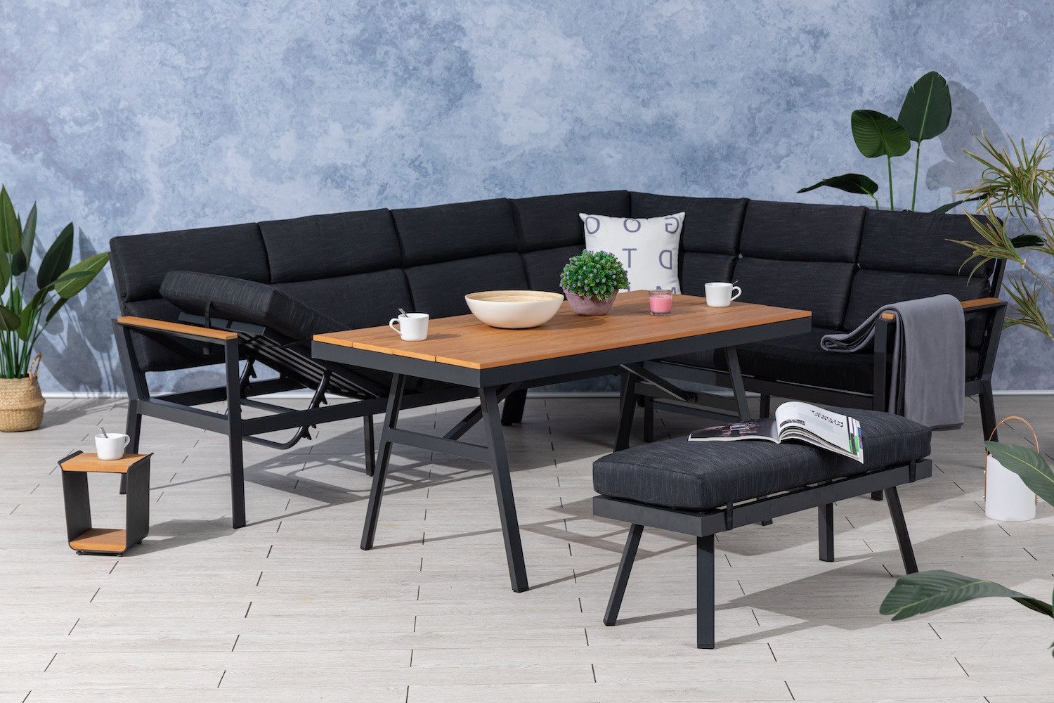 Gardissimo Gartenlounge-Set Nara rechts / Gartenmöbelset / Nonwood / Dining Lounge Set outdoor, (Set, 3-tlg., Alu, Ecklounge, Esstisch, Bank, inkl. Auflagen), Liegefunktion