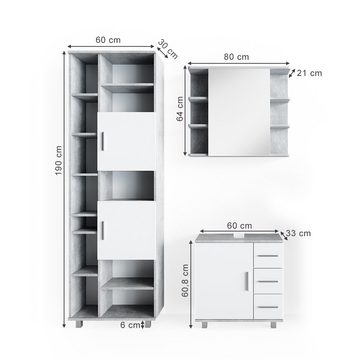 Vicco Badmöbel-Set Badezimmerset ILIAS Weiß Beton Set 3, (3-er Set, 3-St., 3-er Set)