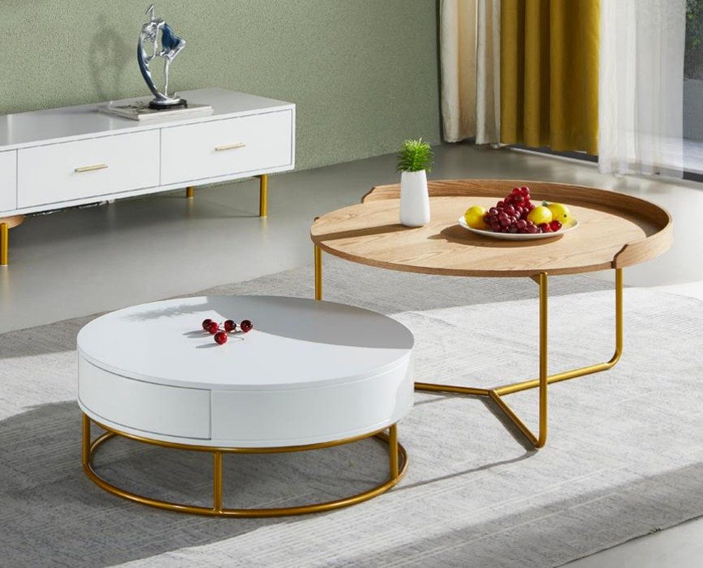 JVmoebel Couchtisch Elegantes Holz Couchtisch Set mit Edelstahlfüßen in Braun und Weiß (Set, 2-St., 2x Couchtische), Made in Europa