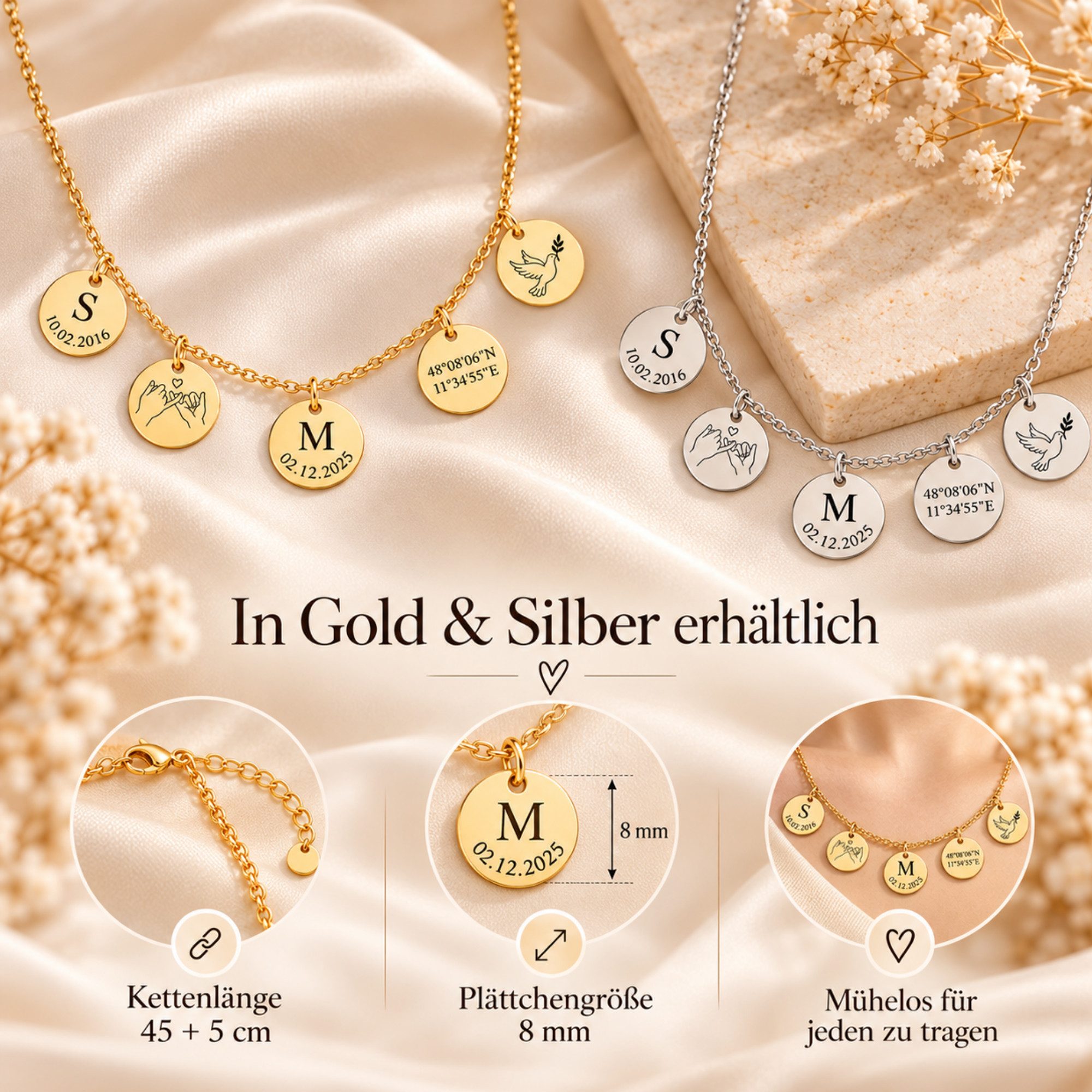 BS Schmuckdesign Kette mit Anhänger mit Gravur Personalisierte Halskette mit Name und Symbolen Gravurkette vergoldet (inkl. Gravur), personalisiert inkl. Gesche – Bild 5 von 5
