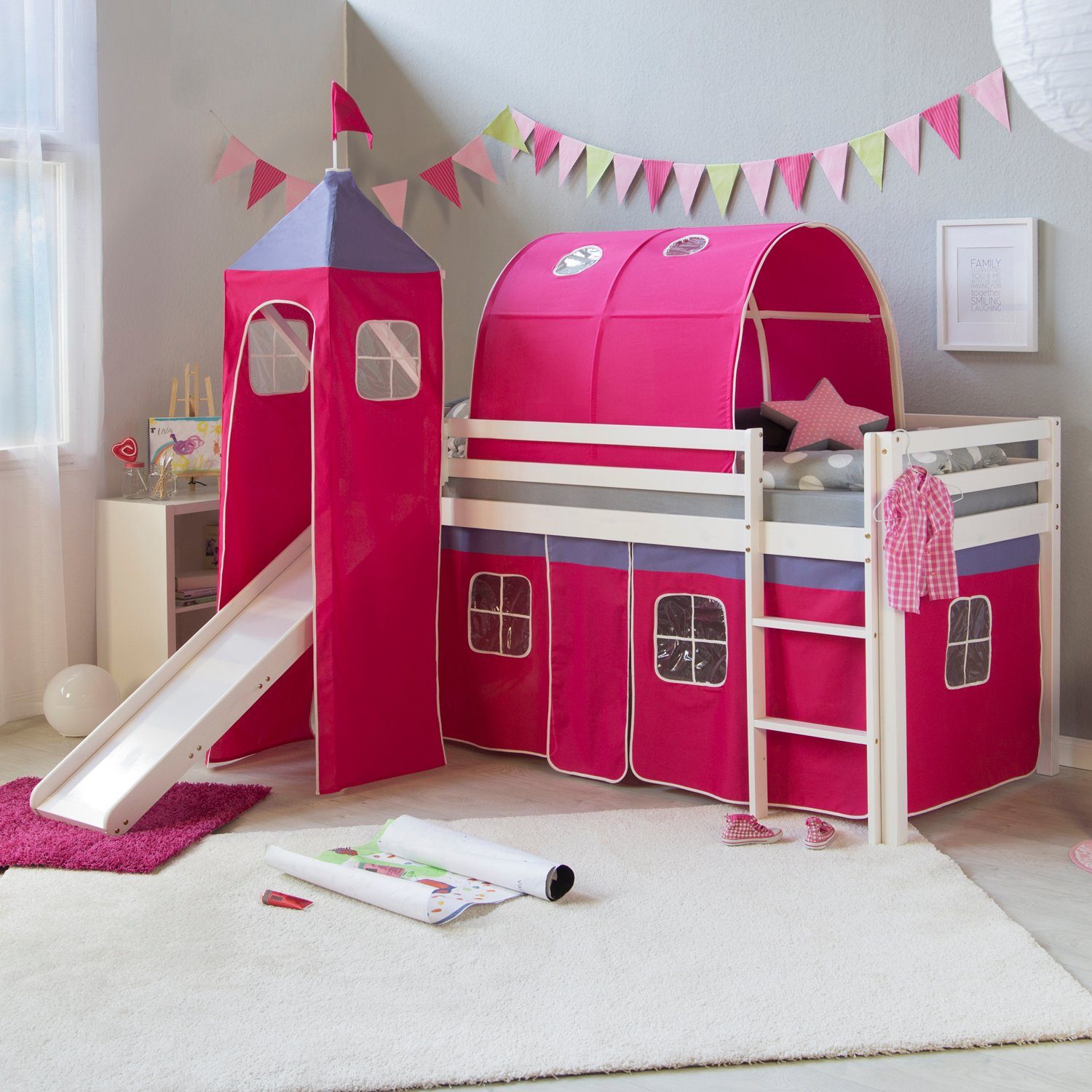 Homestyle4u Hochbett Spielbett Kinderbett Rutsche Turm Vorhang pink ( Bettvorhang waschbar bei 30 Grad Maschinenwäsche)