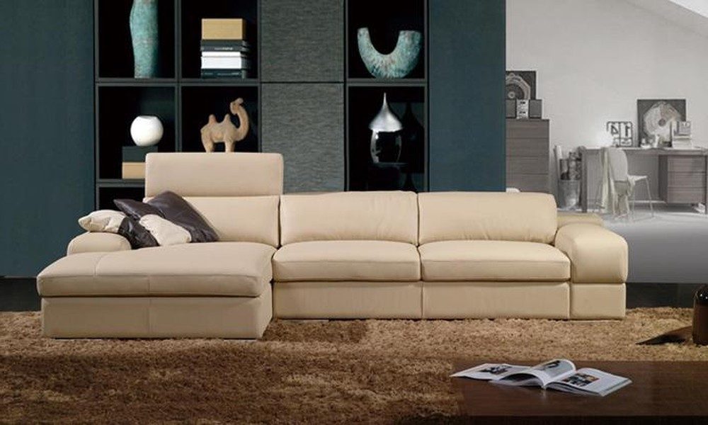 Ecksofa Beige Leder-Eck-Couch mit verstellbaren Kopfstützen und Edelstahlfüßen