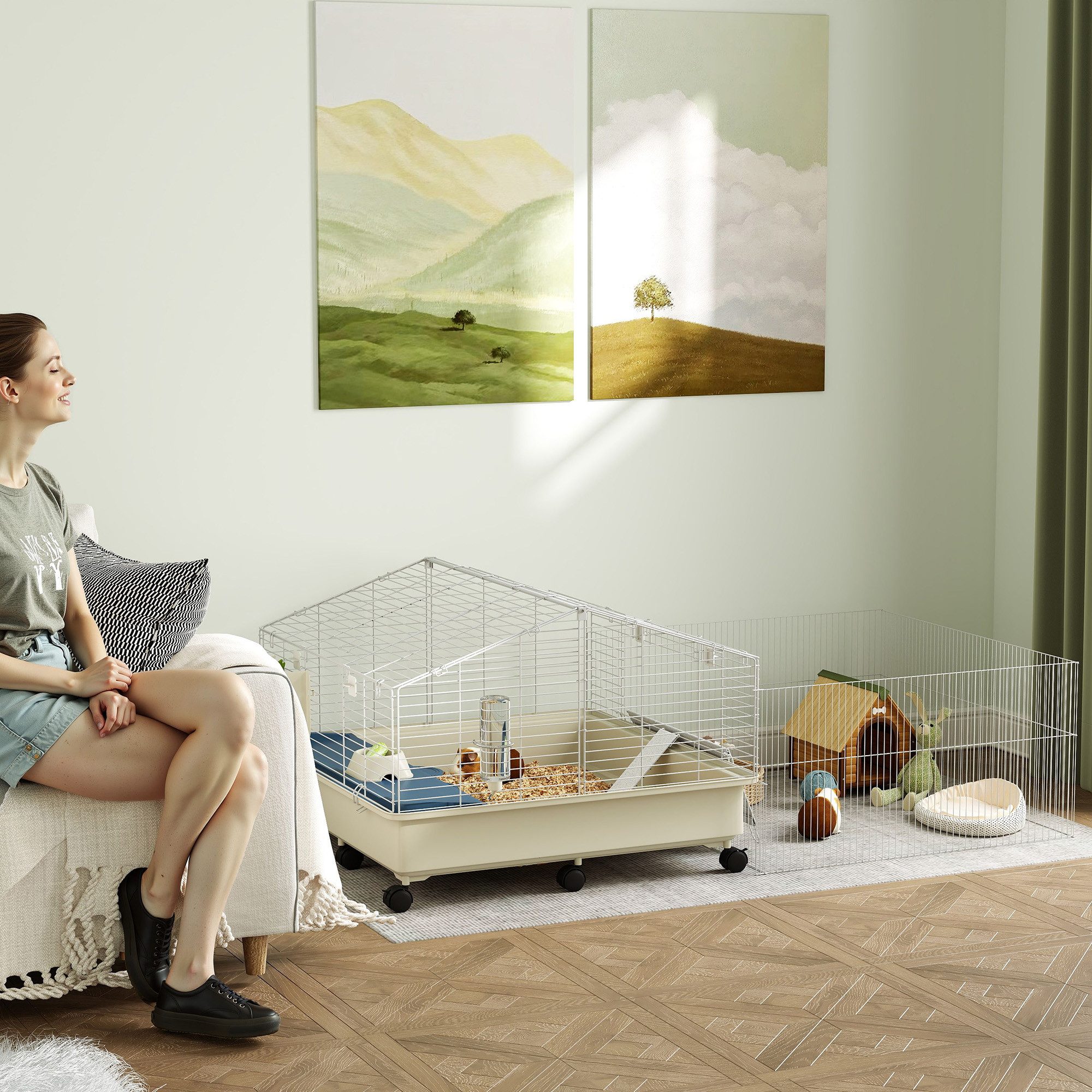 PawHut Kleintierkäfig Kaninchenkäfig mit Wasserflasche, Heuraufe, Futternapf, Rampe, 173 x 88 x 63 cm, Mehrfarbig