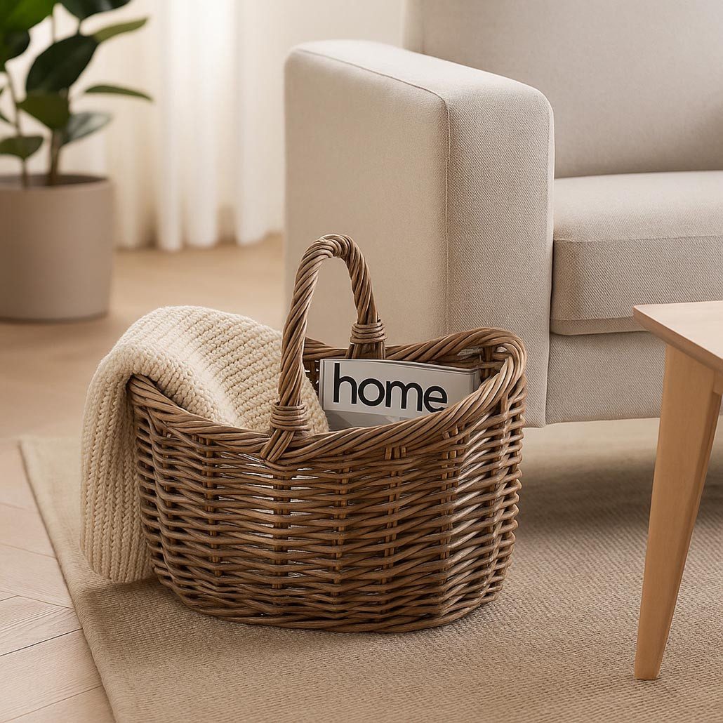 Kobolo Einkaufskorb Rattankorb Korb EMMA mit Henkel - Rattan kubu grey günstig online kaufen