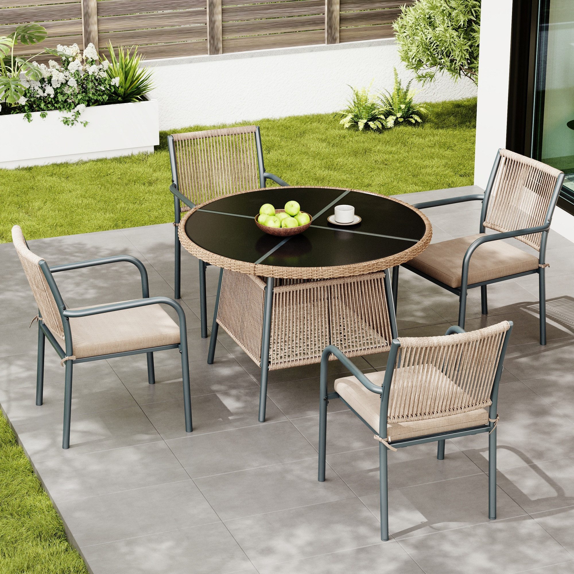 REDOM Sitzgruppe Modernes 5-tlg. Gartenmöbel-Set aus Rattan & Eisen, (Set, 5-tlg., Mit Glastisch (110x110x74 cm), Sesseln & Hockern für die Terrasse), Ideal für stilvolles Wohnen im Freien auf Balkon, Terrasse oder Deck