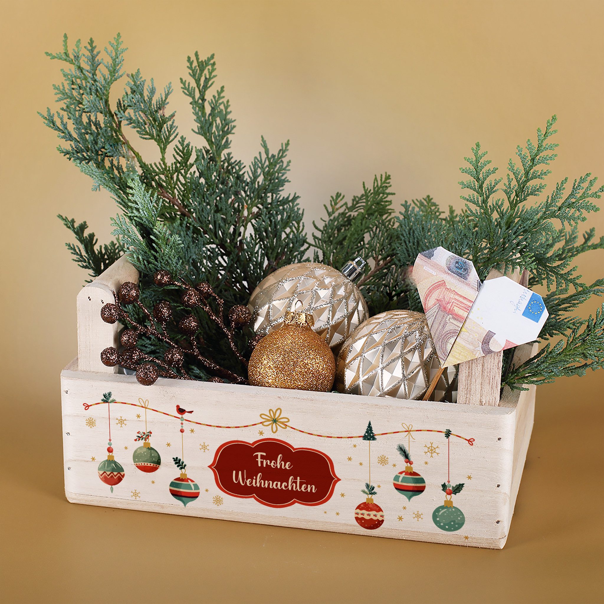 Herz & Heim Geschenkbox zu Weihnachten oder Nikolaus - Holzkorb für Weihnachtsgeschenke, mit Holzgriffen