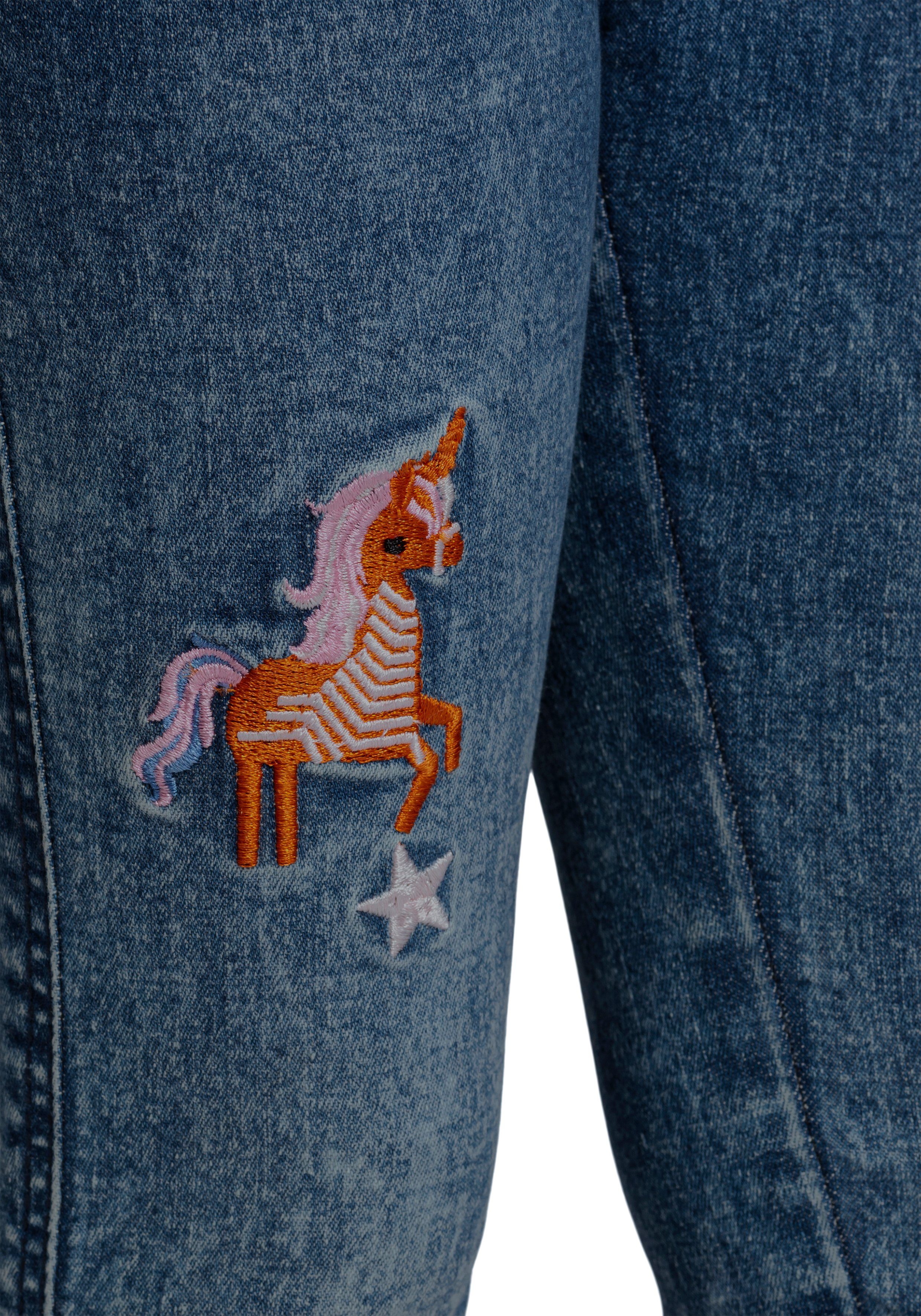 KIDSWORLD Stretch-Jeans, Basic Jeans mit toller Stickerei schmale Beinform, mit verstellbarem Gummizug am Bund, lang