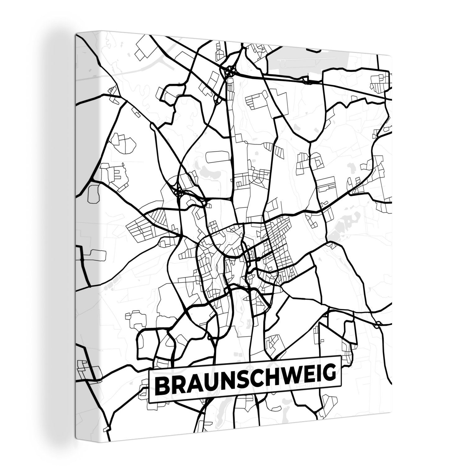 OneMillionCanvasses® Leinwandbild Braunschweig - Stadtplan - Karte, (1 St), Leinwand Bilder für Wohnzimmer Schlafzimmer