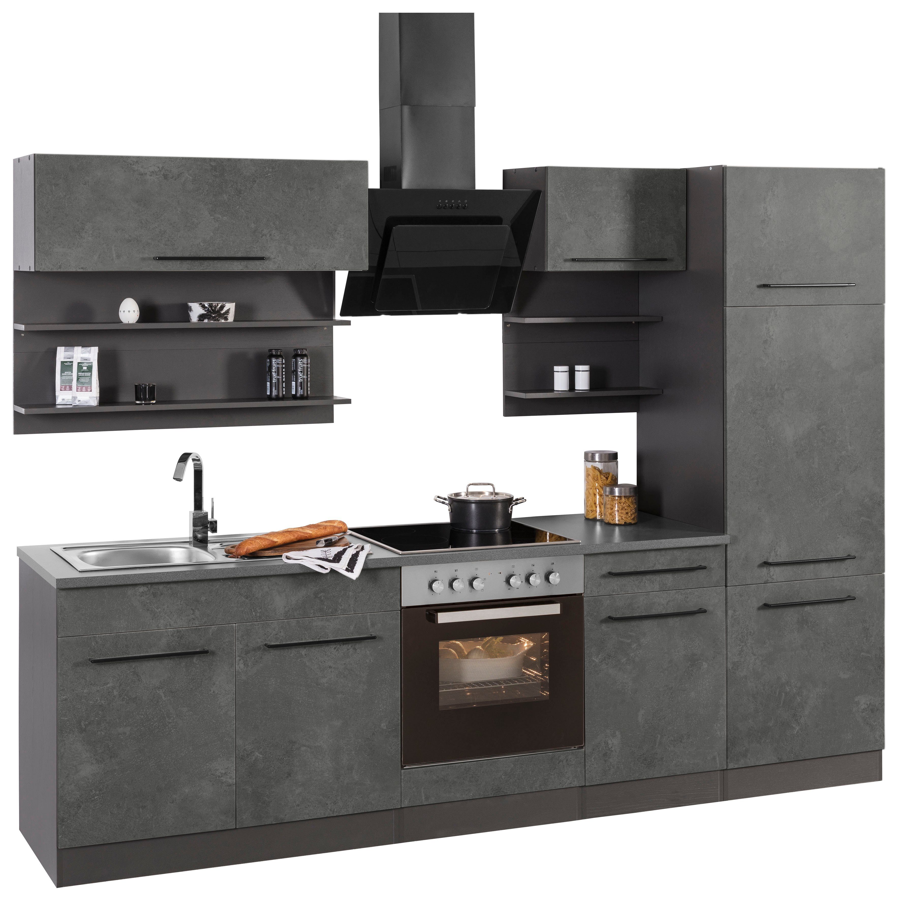 KOCHSTATION Küchenzeile KS-Tulsa, mit E-Geräten, Breite 270 cm, schwarze Metallgriffe, MDF Fronten