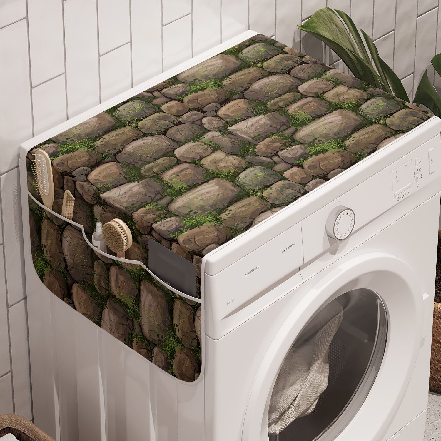 Abakuhaus Badorganizer Anti-Rutsch-Stoffabdeckung für Waschmaschine und Trockner, Natur Steine ​​mit Moos bedeckt