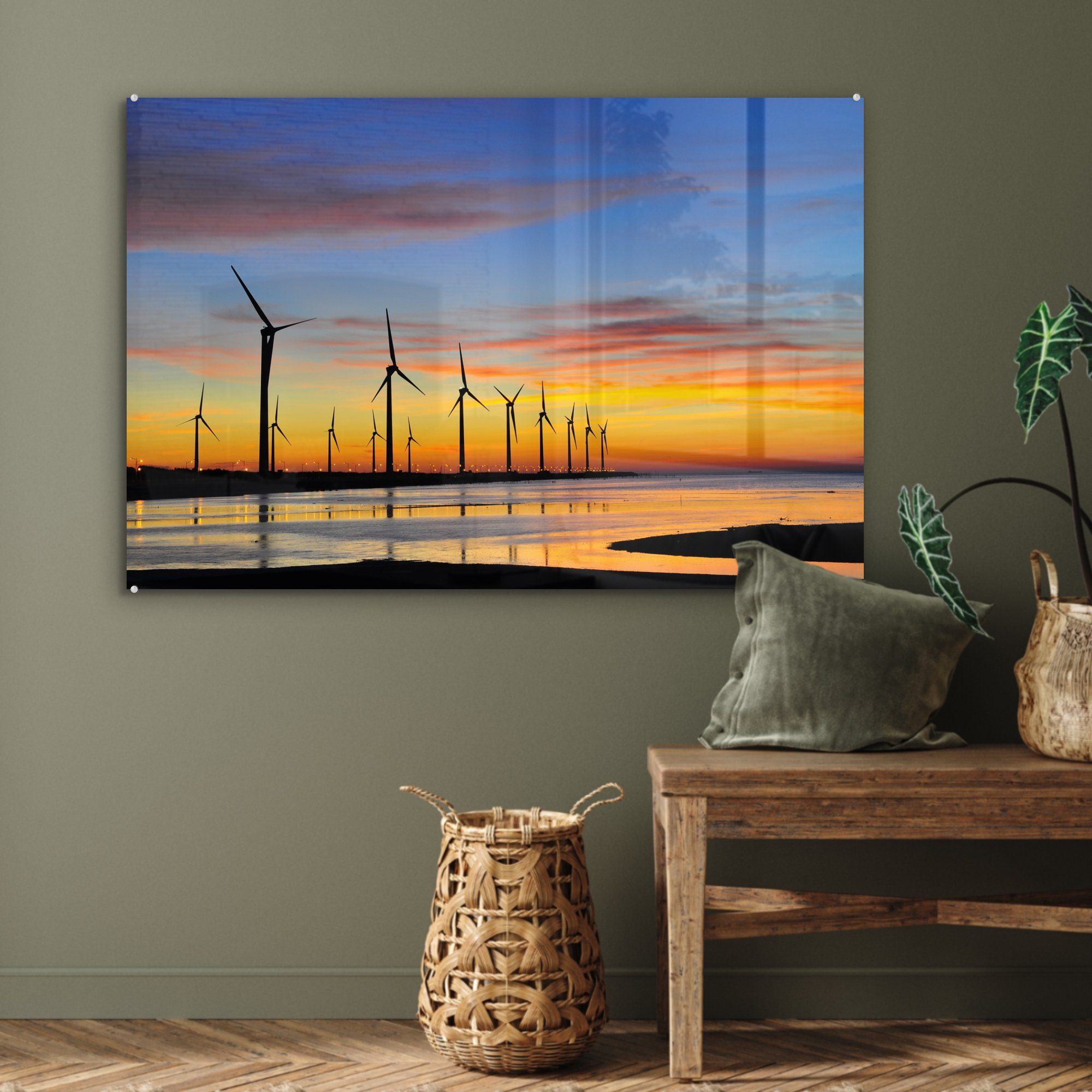 Eine Acrylglasbild ihre von Reihe die & Sonnenuntergang Windmühlen, (1 Acrylglasbilder St), bei Wohnzimmer MuchoWow Schlafzimmer Arbeit,