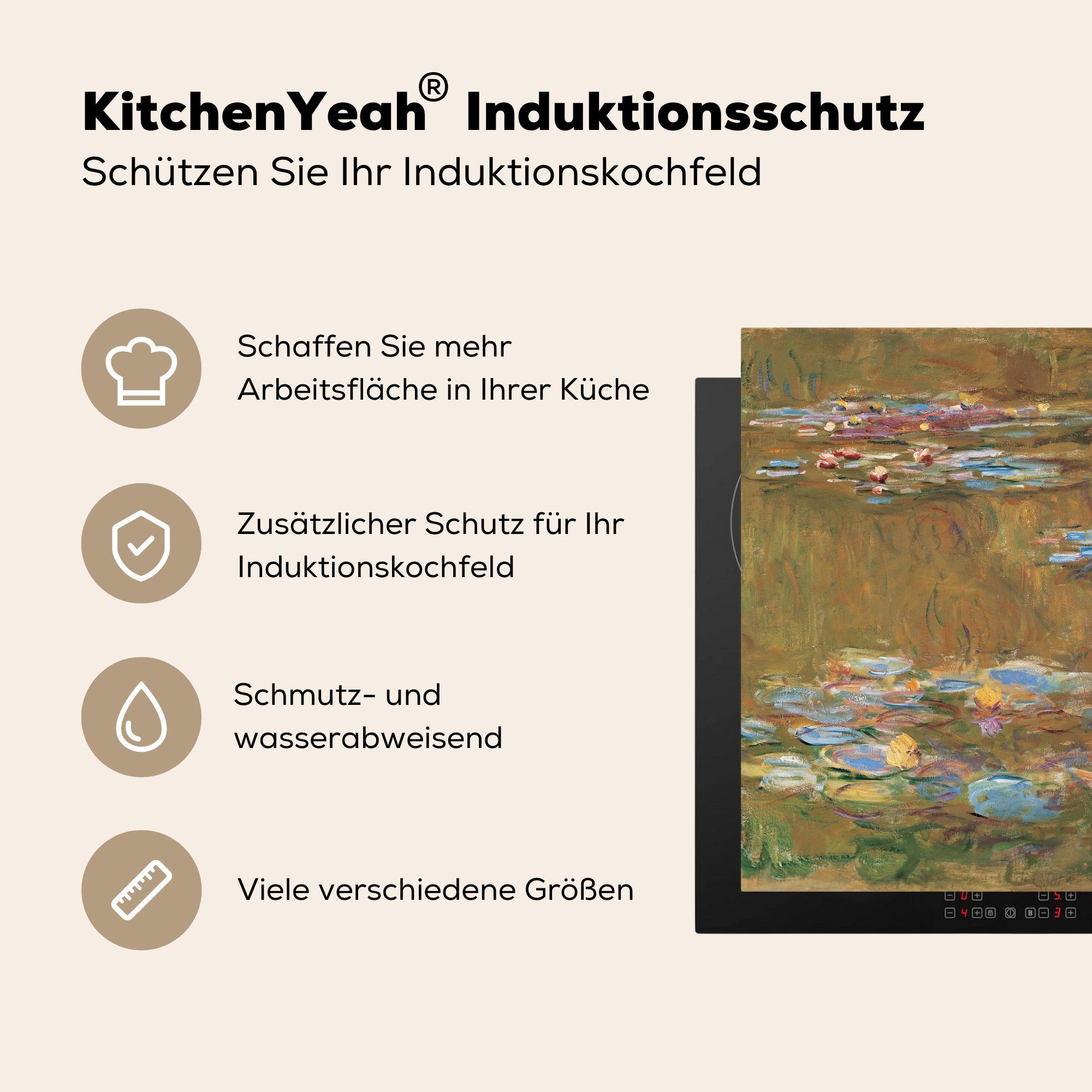 Claude tlg), für Monet, Herdblende-/Abdeckplatte Vinyl, küche Seerosen Arbeitsplatte MuchoWow Ceranfeldabdeckung, (1 78x78 cm, -