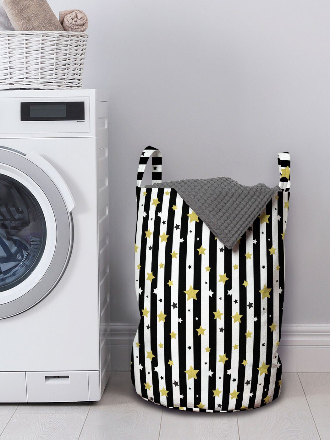 Abakuhaus Wäschesäckchen Wäschekorb mit Griffen Waschsalons, Gestreift Sterne Linien Vertikale Kordelzugverschluss für