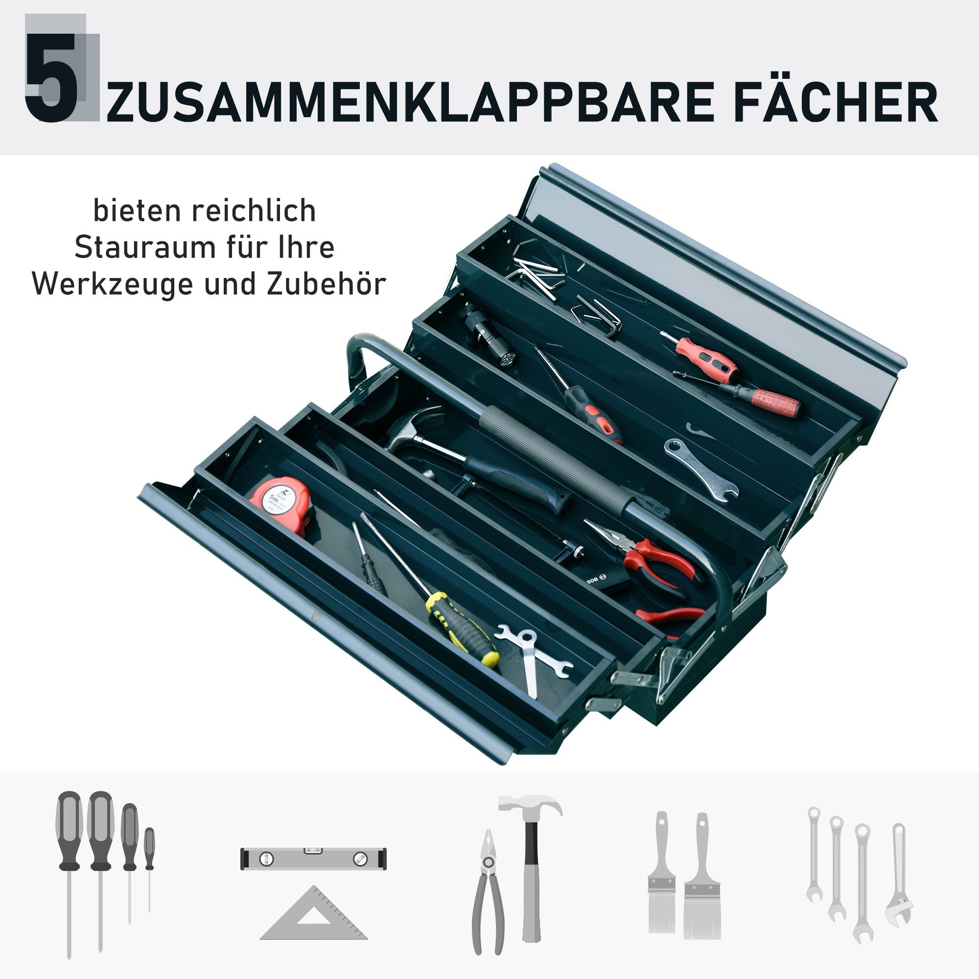 Durhand Werkzeugbox Werkzeugkasten (Set, 1 5 mit St., 34.5cm aufklappbar Werkzeugkasten), x 45 Stahl Fächer x 20 1 x