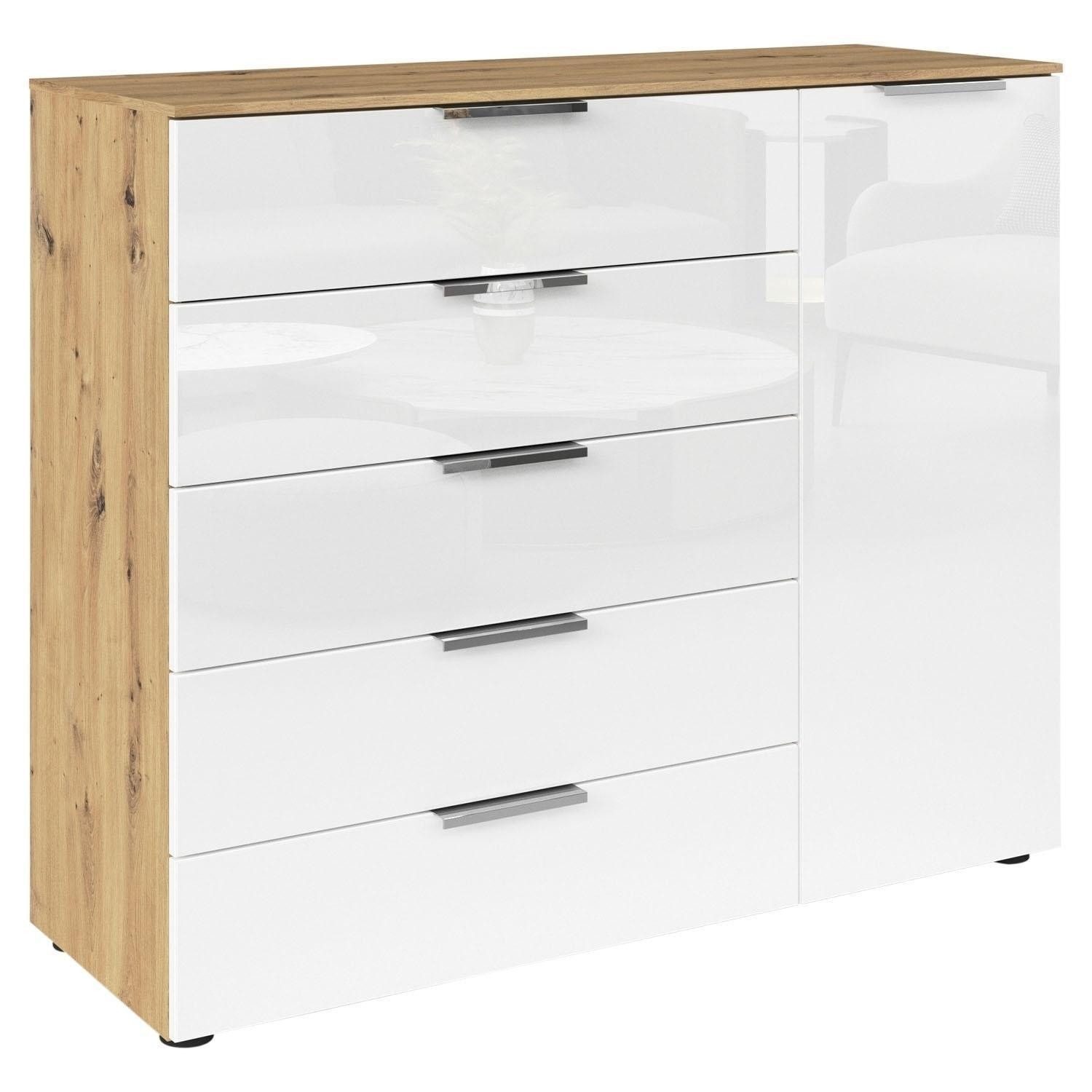 rauch Kommode FLIPP, Artisan Eiche Dekor, Weiß, 1 Tür, 5 Schubladen, mit Soft-Close-Funktion, B 120 x H 100 x T 42 cm