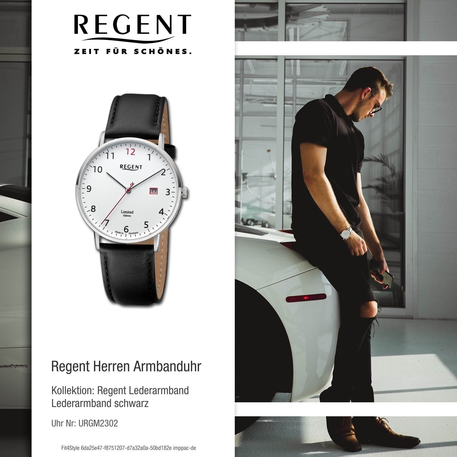 Regent Quarzuhr Regent Lederarmband rund, groß Armbanduhr 39mm), Analog, Herren Herren (ca. extra Armbanduhr