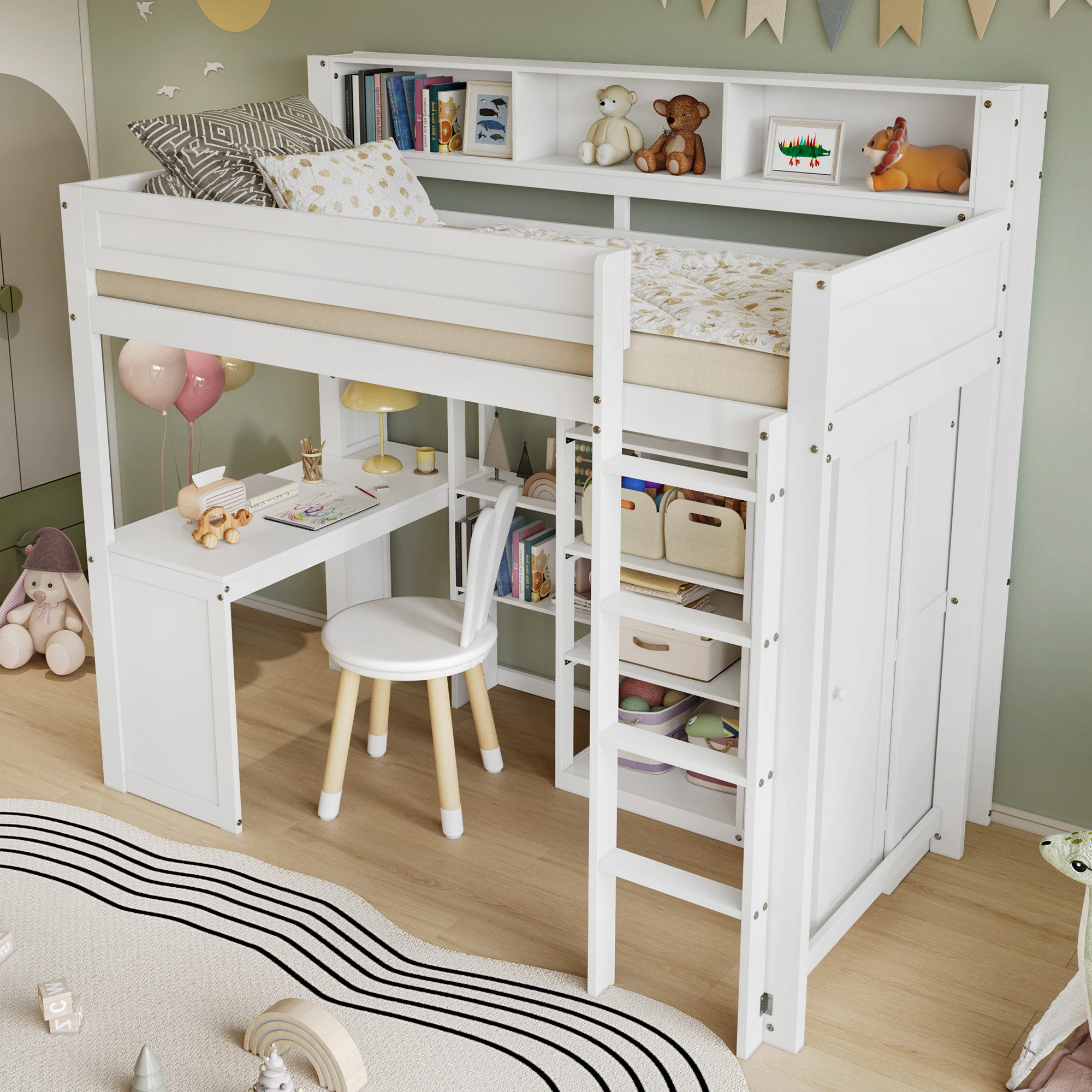Flieks Hochbett Etagenbett Kinderbett 90x200cm mit Schreibtisch und Kleiderschrank