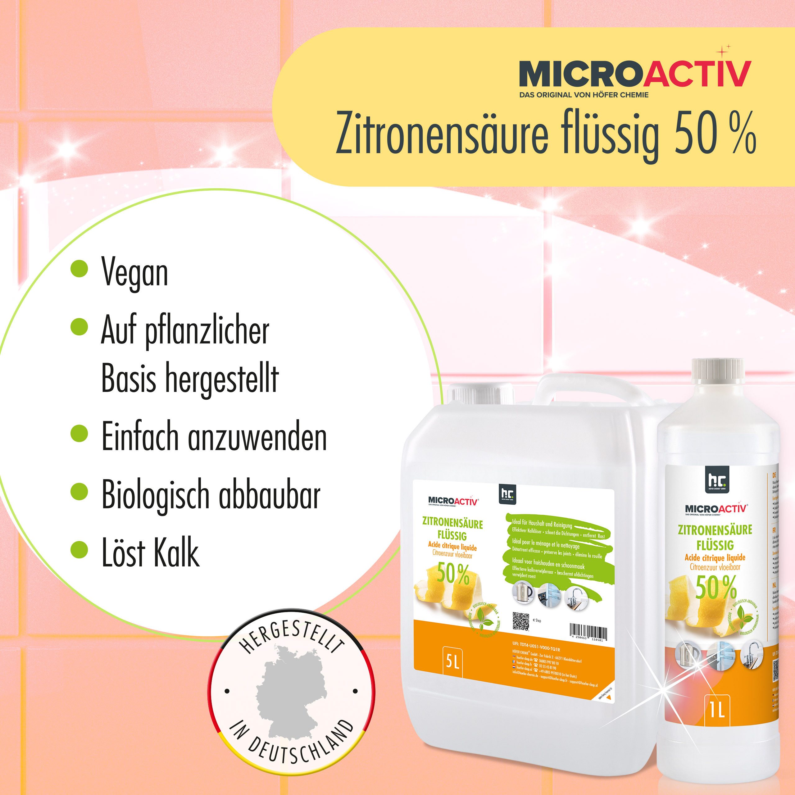 Höfer Chemie GmbH 2x 5 L Zitronensäure 50% flüssig Grundreiniger (Kraftvolle Kalklösung und vielseitig im Haushalt einsetzbar)