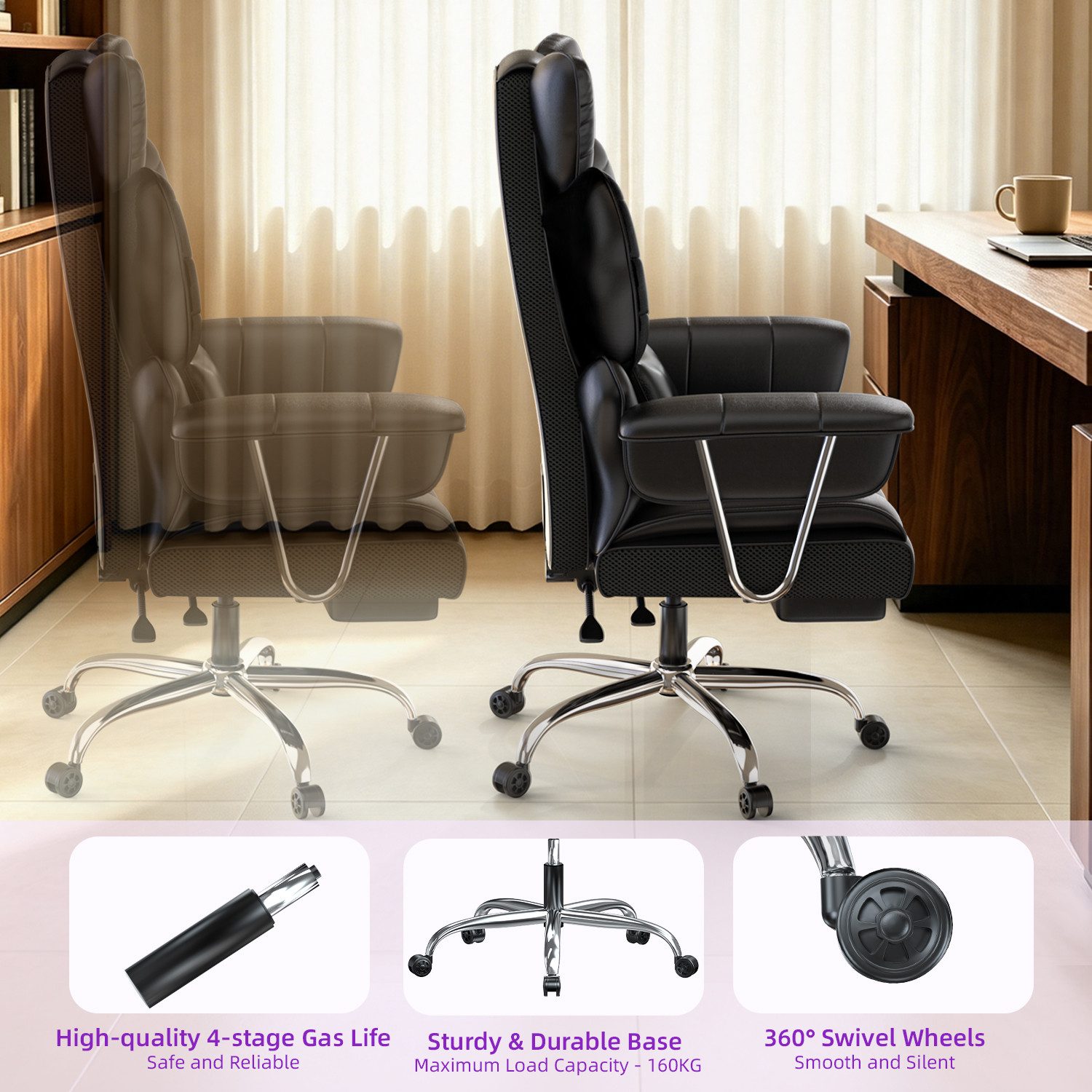 ZAISZE Bürostuhl Ergonomischer Leder Chefsessel mit Fußstütze – Komfort & Stil (Spar-Set), Hochlehner,Kopfstütze & Lordosenstütze,Höhenverstellbar & Drehbar – Bild 4 von 5
