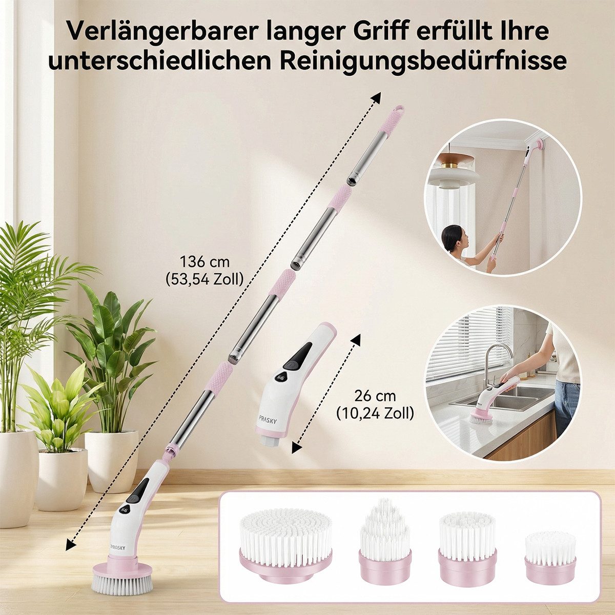PRASKY Reinigungsbürsten-Set Elektrische Reinigungsbürste IPX8 wasserdicht mit 9 Bürstenköpfen, Auto, Fliesen, Boden, Geschirr, Grill, Badewanne, Pool, Garten, (Preiswertes Set, 1-tlg., IPX8 wasserdicht, 9 Bürstenköpfe), Mit 9 austauschbaren Bürstenköpfen