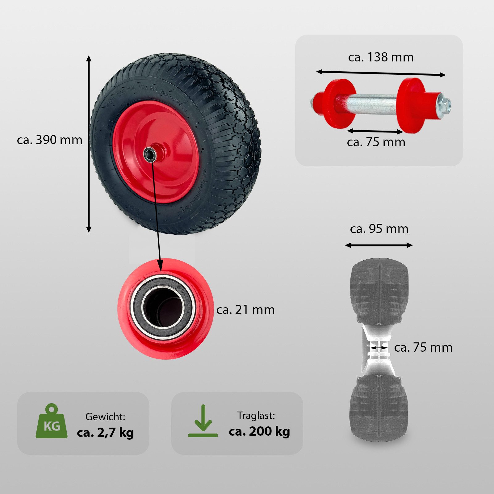 TRUTZHOLM Schubkarren-Rad 390x95 mm 4.80 4.00-8 Luftbereifung inkl. Achse Ersatzrad Metallfelge (1 St)