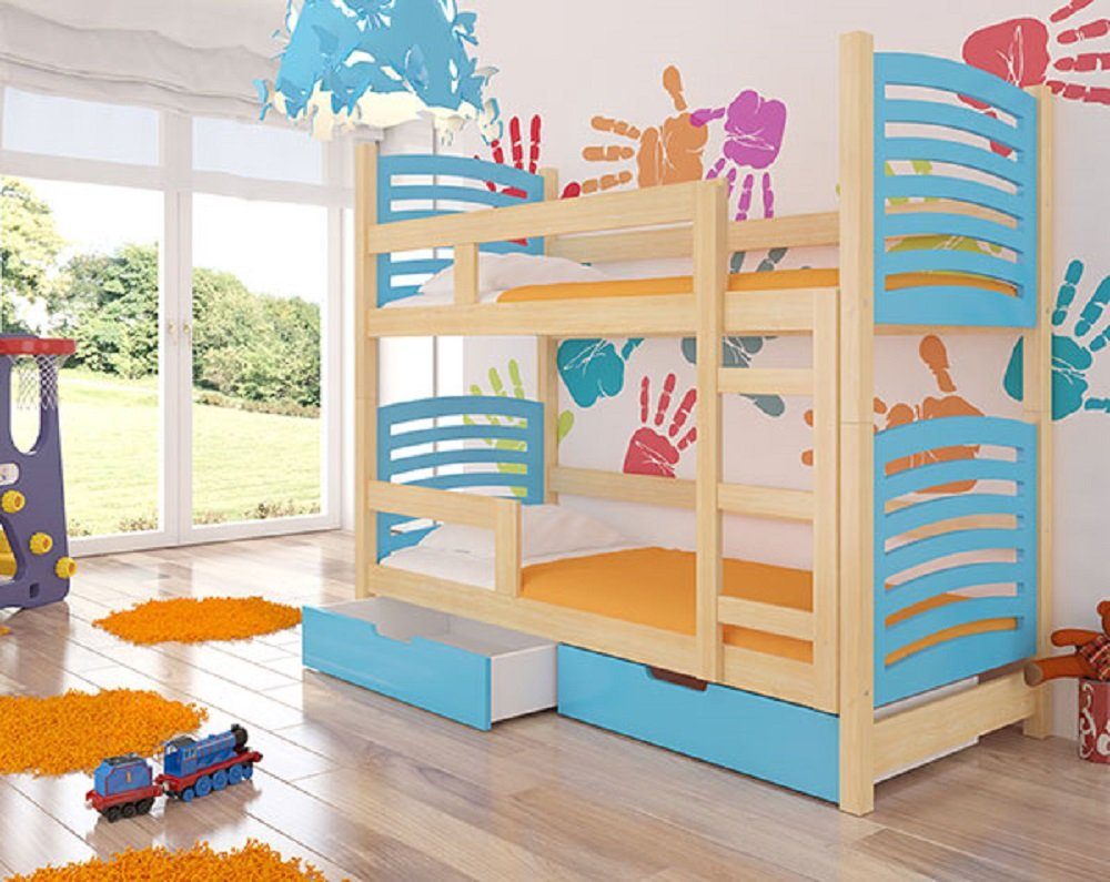 Feldmann-Wohnen Hochbett OSUNA (Etagenbett mit 2 Schlafgelegenheiten) Farbe wählbar Kiefer Natur / Absetzungen: blau | Hochbetten