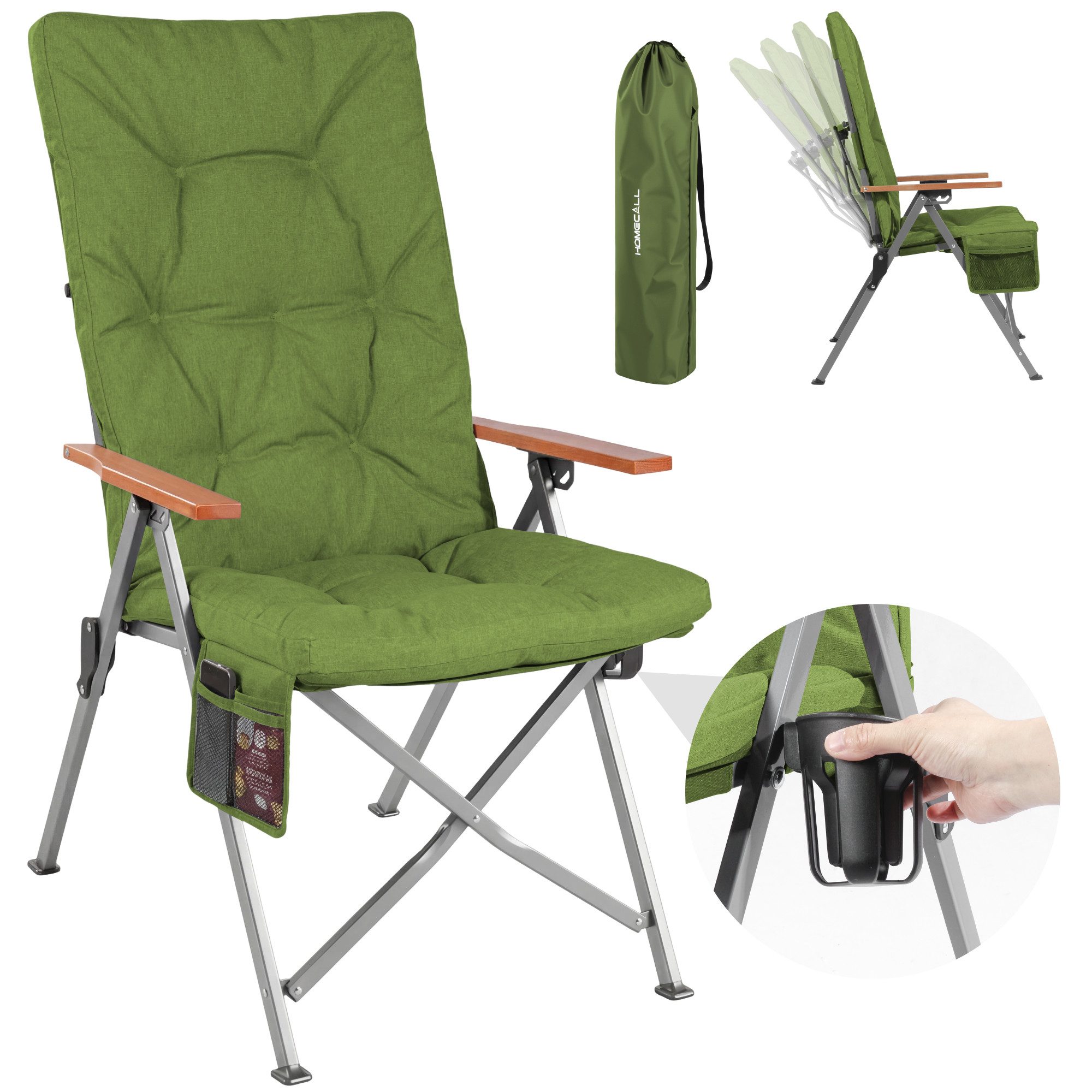 HOMECALL Campingstuhl Faltbar Hochlehner Luxus Klappstuhl mit 4,5cm Dicke Gepolstert (150kg Belastbar mit 4 Positionen Verstellbar Angelstuhl, 1 St), für Garten Balkon Wohnmobil
