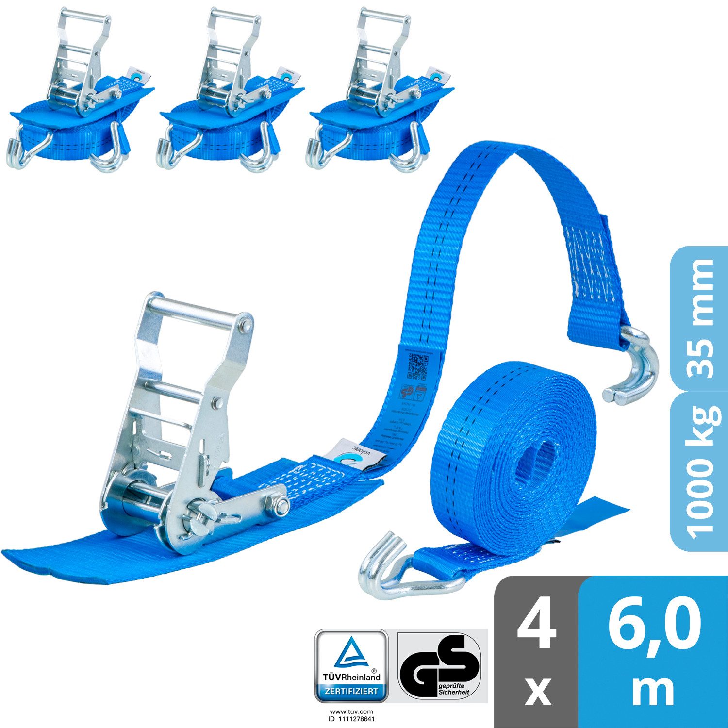 valonic Spanngurt valonic NORWAY 4x Spanngurte mit Haken 6m 1000 kg TÜV-GS mit Polster (4er Set, 4 Stück Spanngurt mit Ratsche) gepolsterte Ratschengurte mit robusten Haken