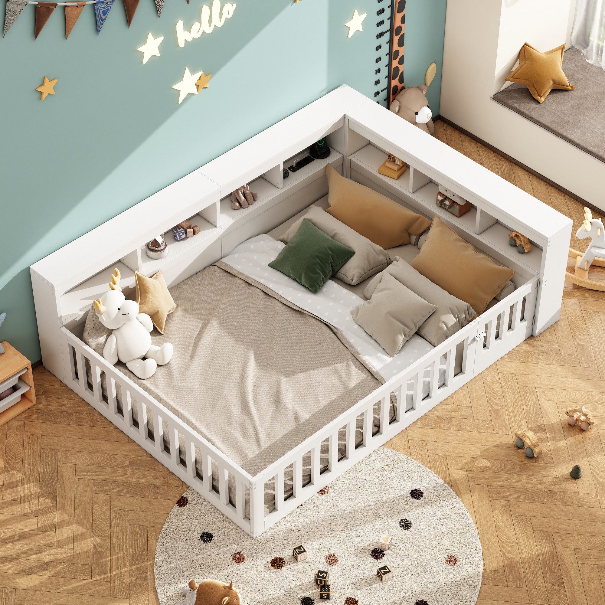 Flieks Holzbett, Kinderbett Daybett 140x190cm mit Stauraum, Aufladen und Geländer
