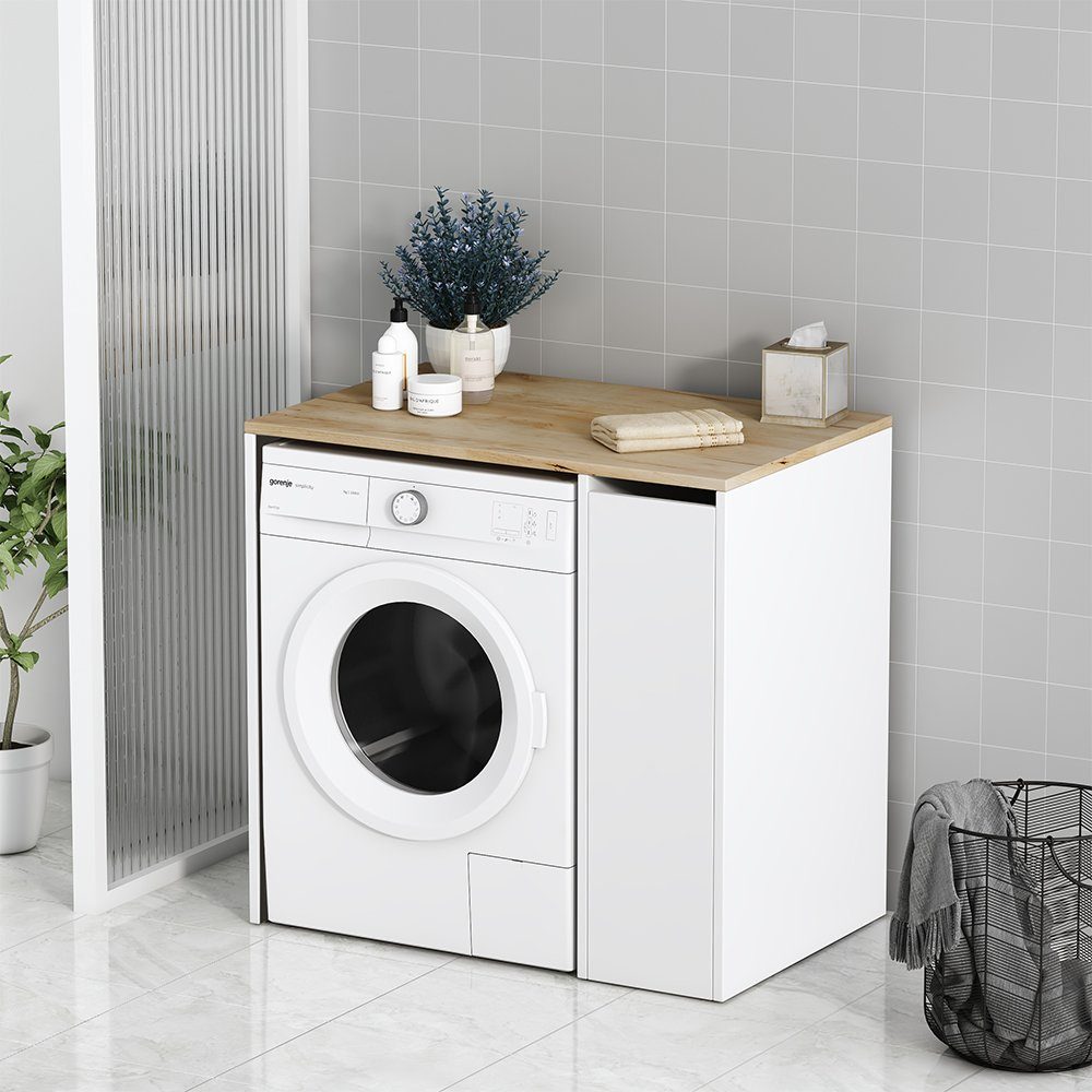 Vicco Waschmaschinenumbauschrank Lavik, Weiß/Weiß, 93.5 x 88.5 cm mit 3 Fächer