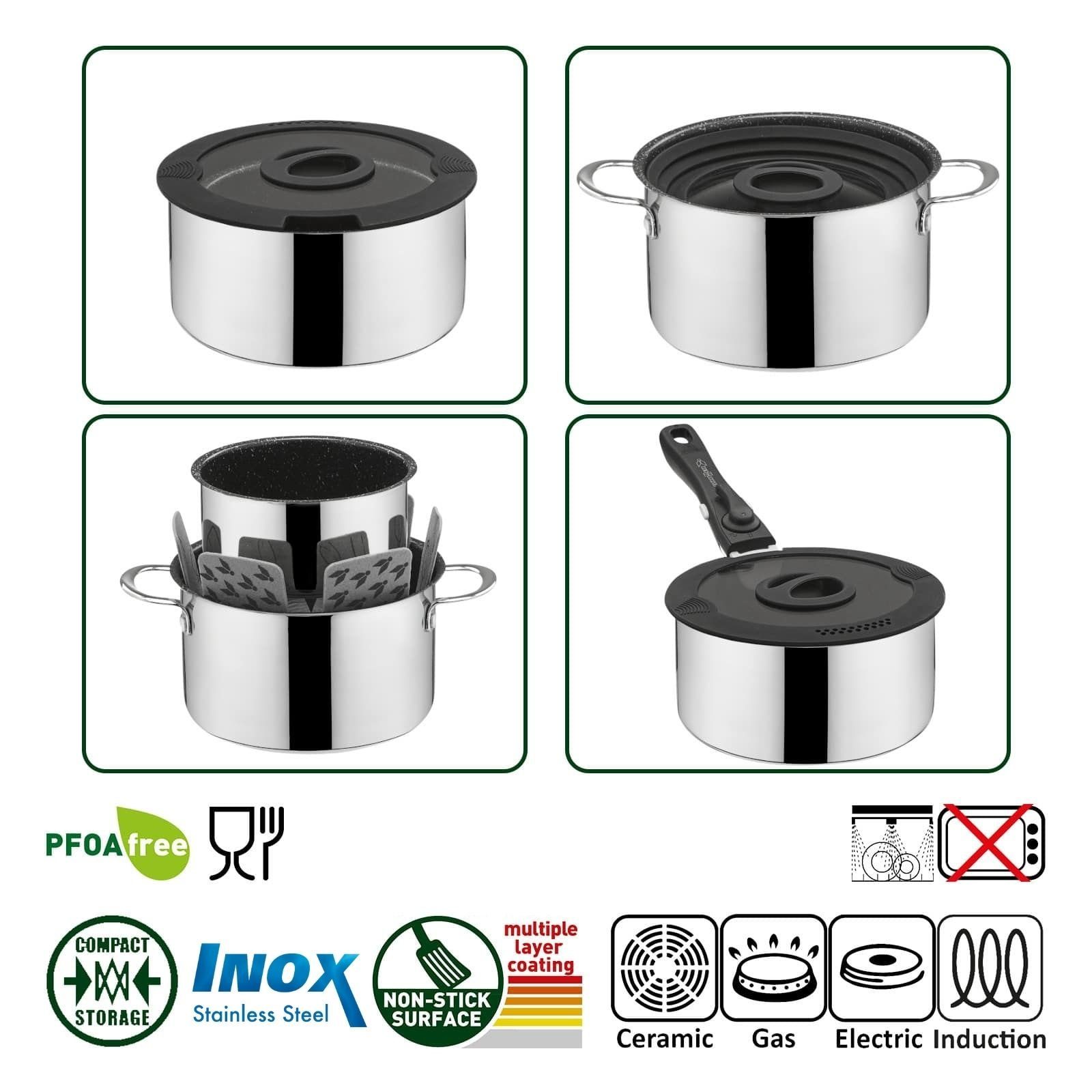 Set De Casseroles Pliables BRUNNER Volcano 4 Pièces - Pour Camping, Randonnée - En Acier Inoxydable Et Silicone - 10