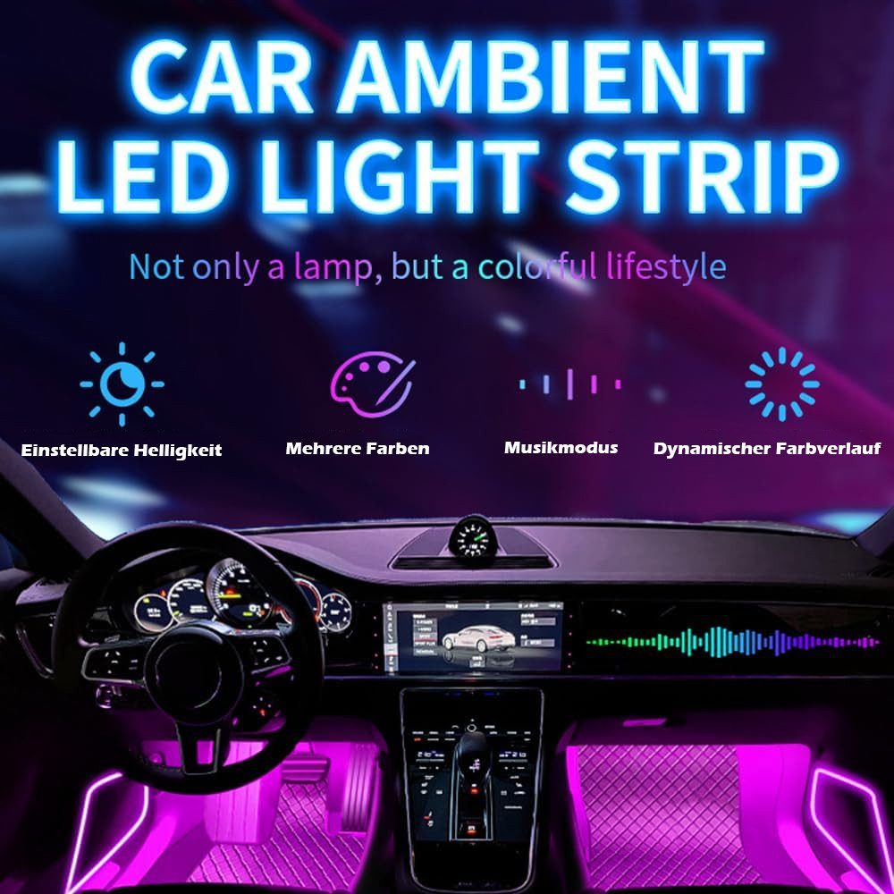 TUWENA LED Lichtleiste LED Innenbeleuchtung Auto, 4pcs 72 Strip Auto Ambientebeleuchtung, LED wechselbar, 12V Wasserdicht LED Strip mit Zigarettenanzünder, APP & Fernbedienung
