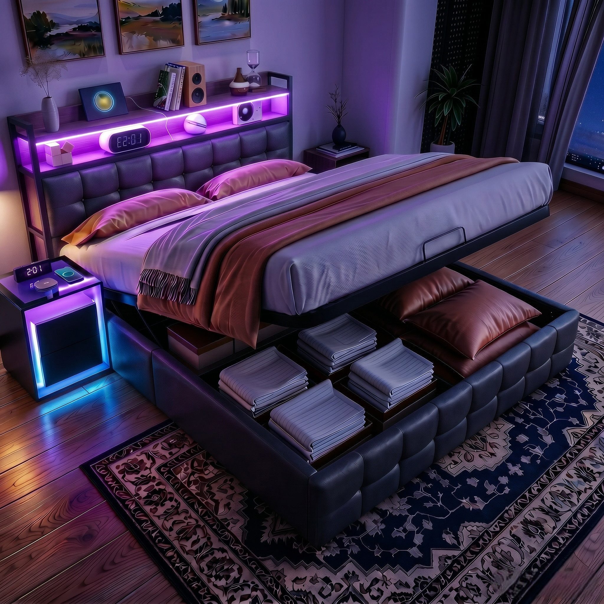 PXloue Polsterbett LED hydraulisches Doppelbett Stauraumbett (inkl. Hydraulisch anhebbarer Bettstauraum), mit USB-Laden und Stauraum am Kopfteil,Kunstleder,140x200 cm