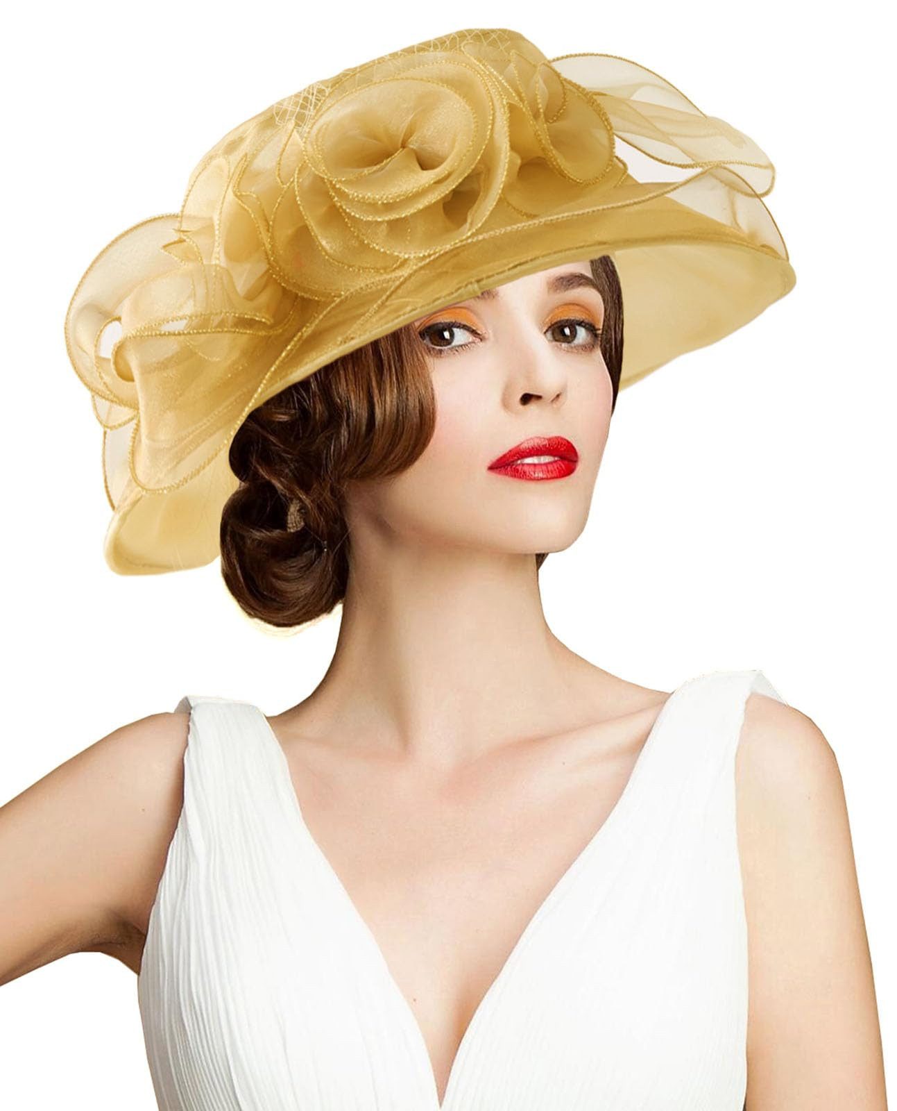 Bwecuy Sonnenhut Damenhut mit breiter Krempe, Blumen- und Blattdekor ideal für Hochzeit, Kirche und Tea Party – Bild 4 von 5